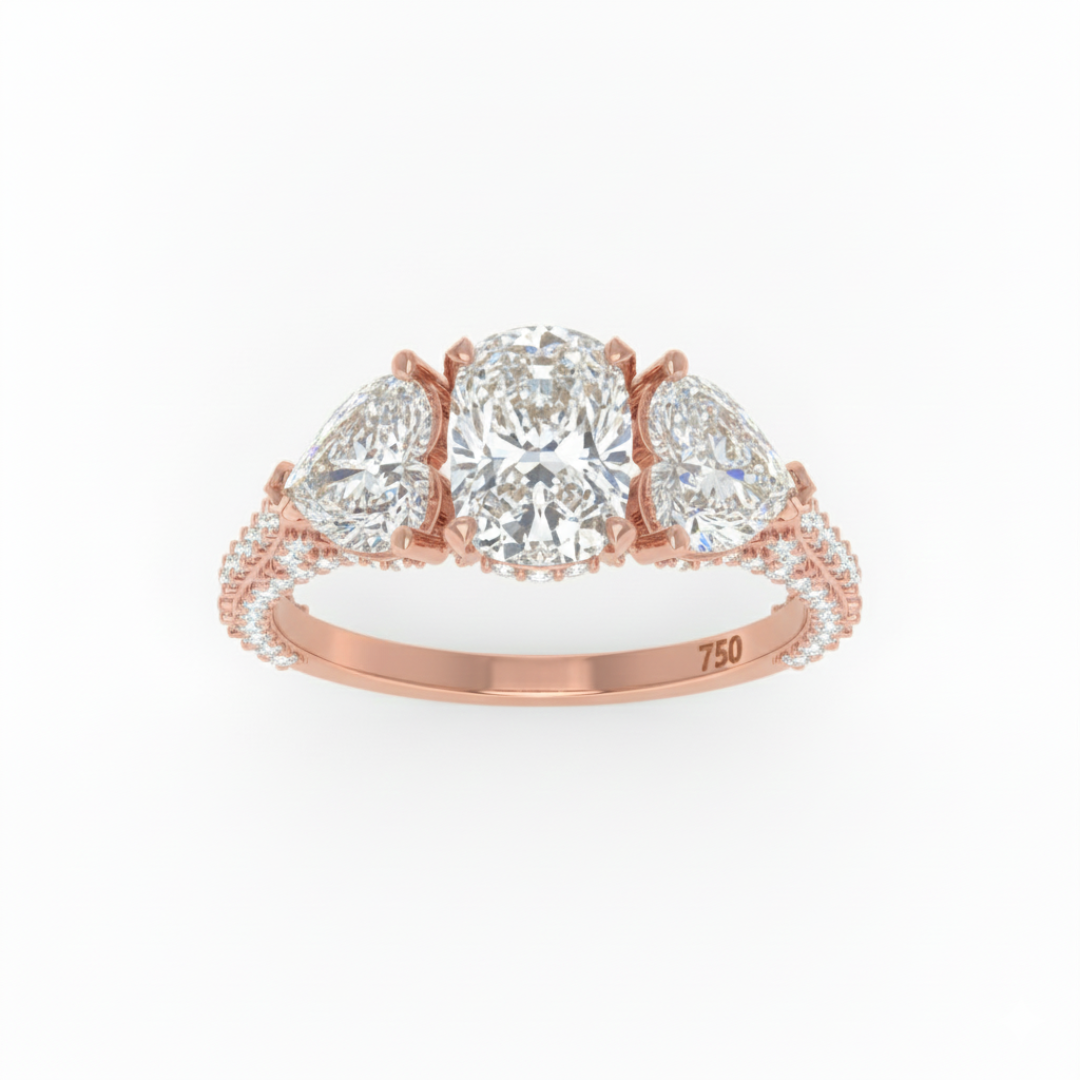 Victoria Cushion Cut Diamond Engagement Ring with Heart Cut Side Diamonds and 3D Diamond Band
