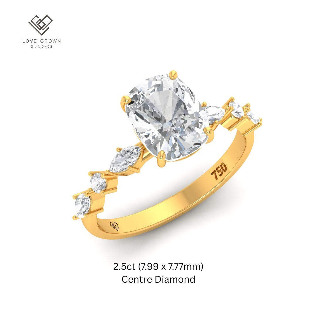 Elizabeth Cushion Diamond Engagement Ring With A Marquise and Round Cut Diamond Band