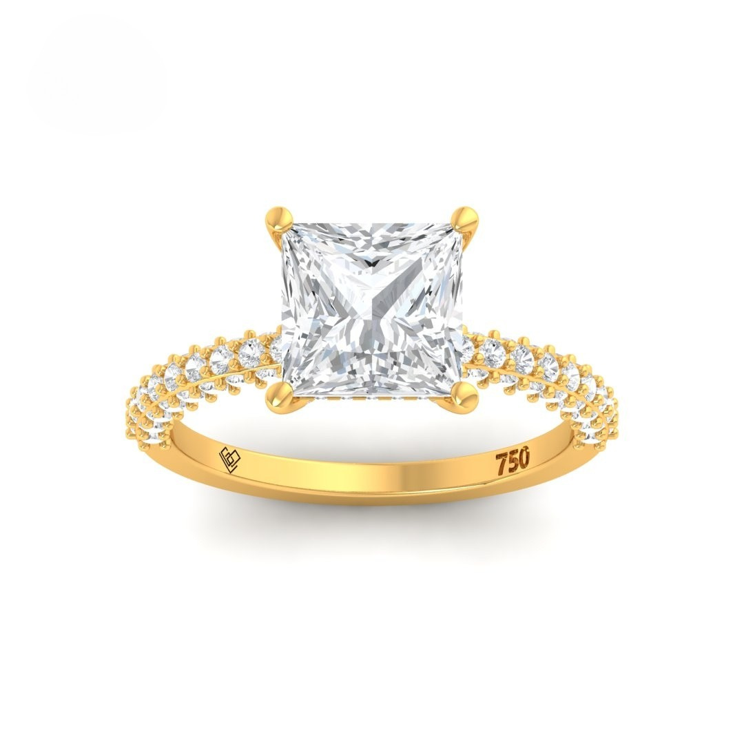 Bague de fiançailles Mia en diamant taille princesse avec halo de diamants cachés et anneau en diamant 3D