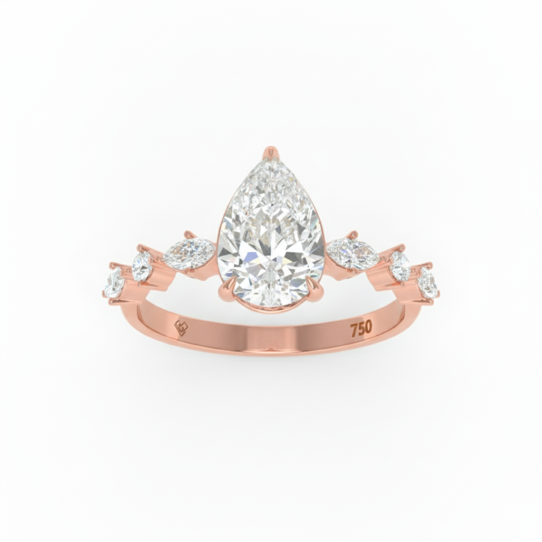 Elizabeth Pear Cut Diamond Engagement Ring With A Marquise And Round Cut Diamond Band