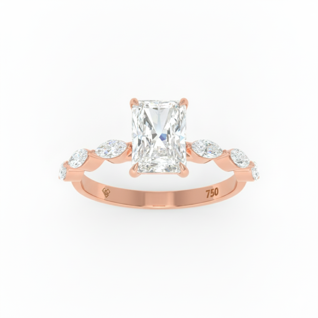 Kasandra Radiant Cut Diamond Engagement Ring With A Marquise Cut Diamond Band