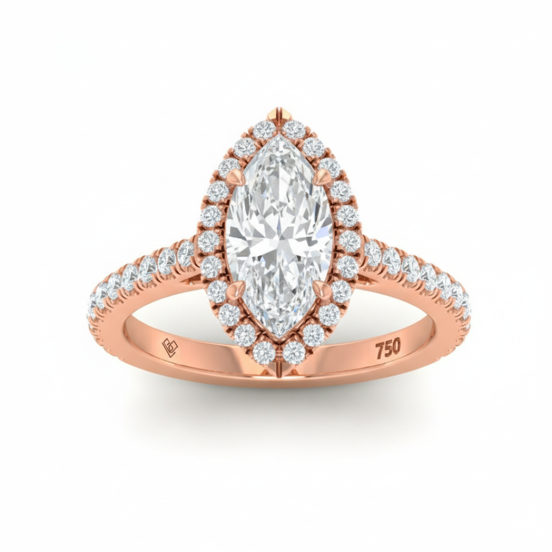 Bella Marquise Cut Diamond Engagement Ring with Diamond Halo & Diamond Band