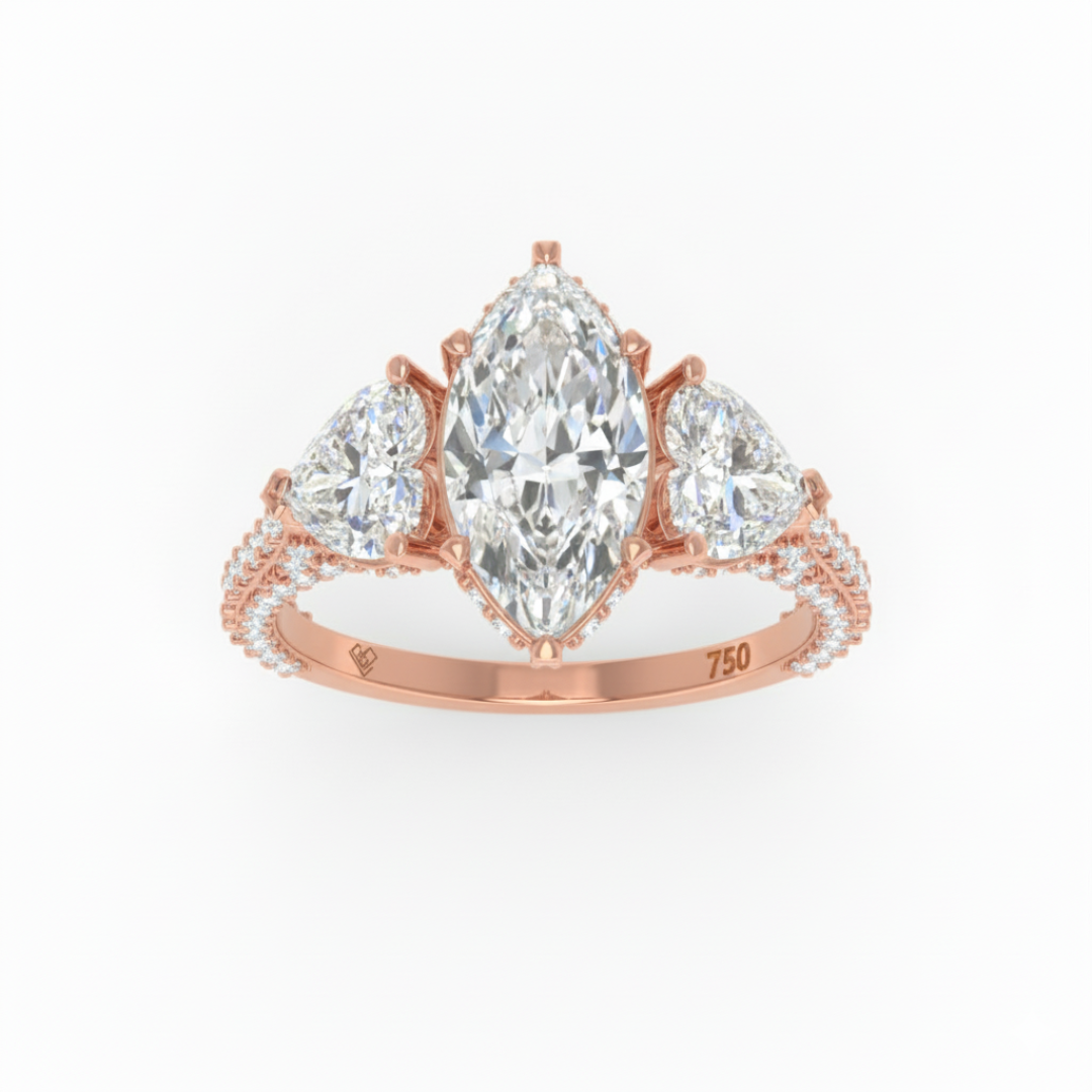 Victoria Marquise Cut Diamond Engagement Ring with Heart Cut Side Diamonds and 3D Diamond Band