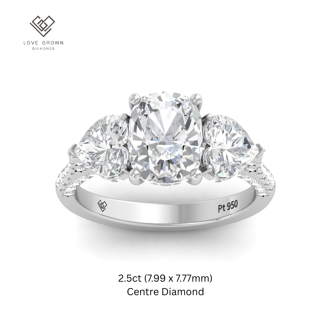 Victoria Cushion Cut Diamond Engagement Ring with Heart Cut Side Diamonds and 3D Diamond Band
