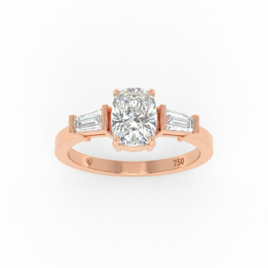 Mary Cushion Cut Diamond Engagement Ring with Tapering Baguette Cut Side Diamonds