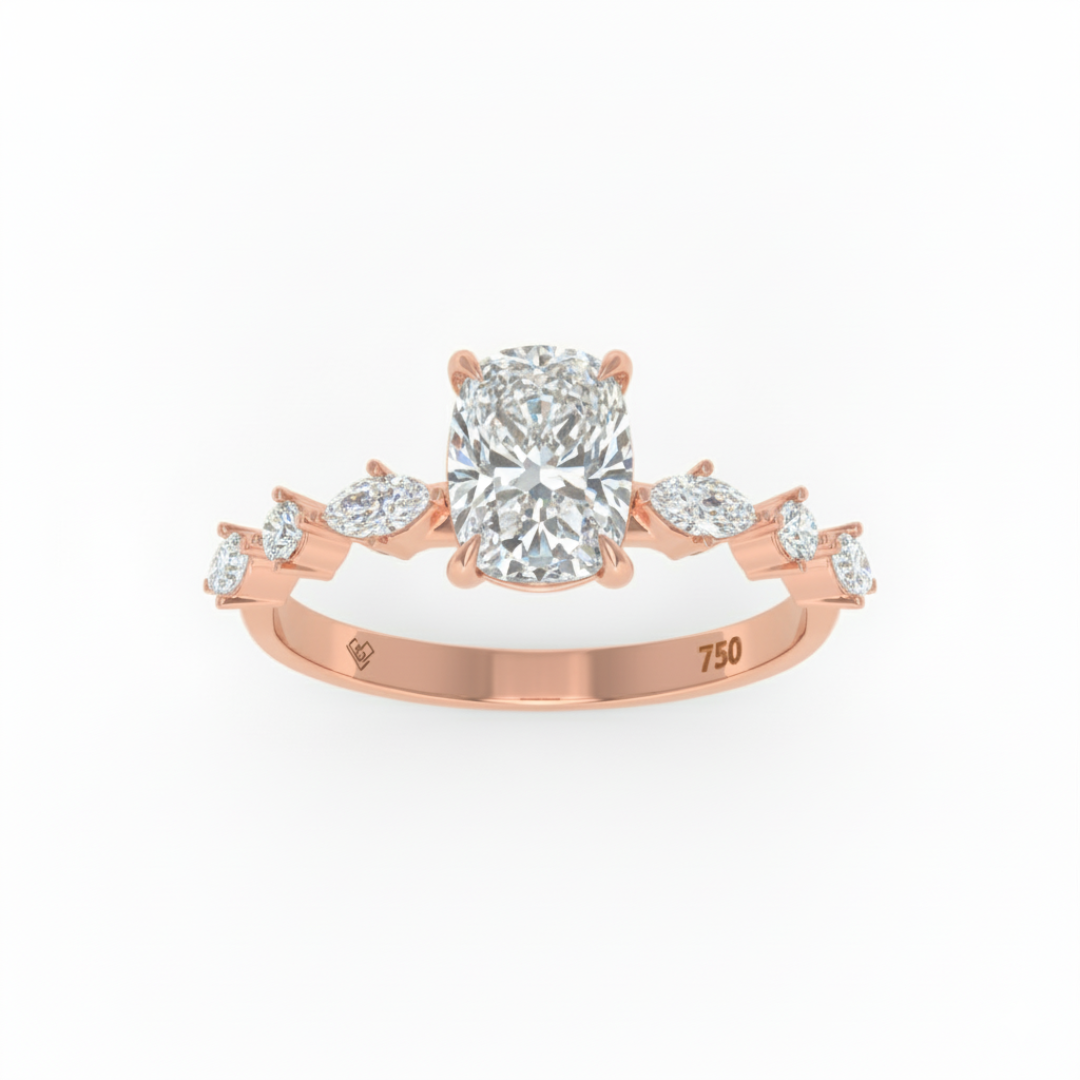 Elizabeth Cushion Diamond Engagement Ring With A Marquise and Round Cut Diamond Band