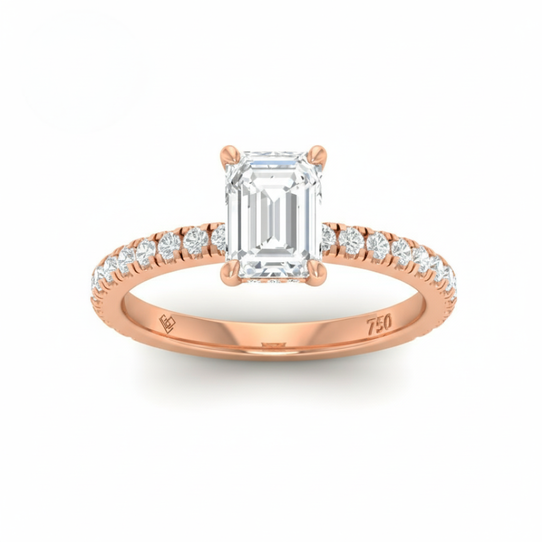Chloé Emerald Cut Diamond Engagement Ring with Diamond Hidden Halo and Diamond Band