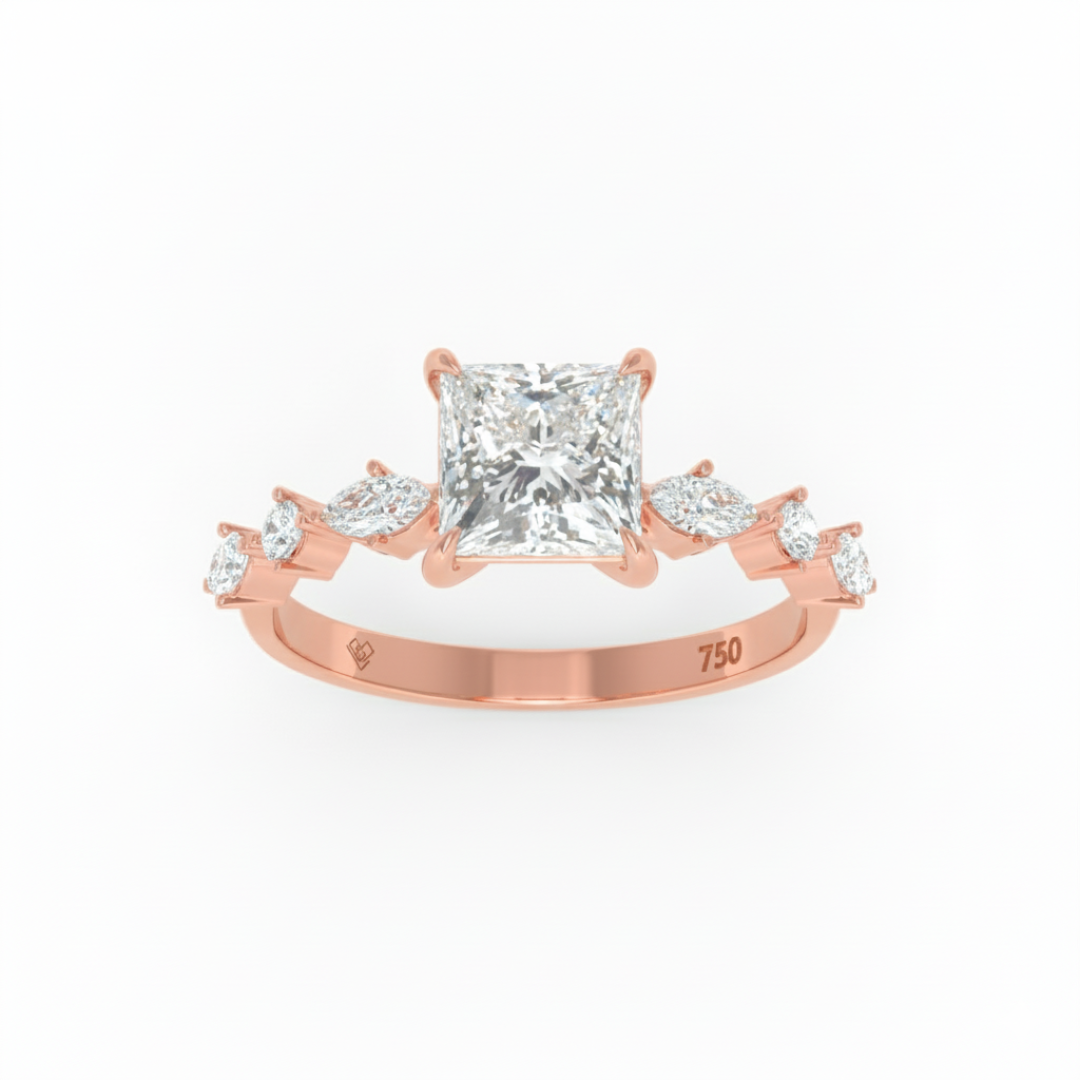 Elizabeth Princess Cut Diamond Engagement Ring With A Marquise and Round Cut Diamond Band
