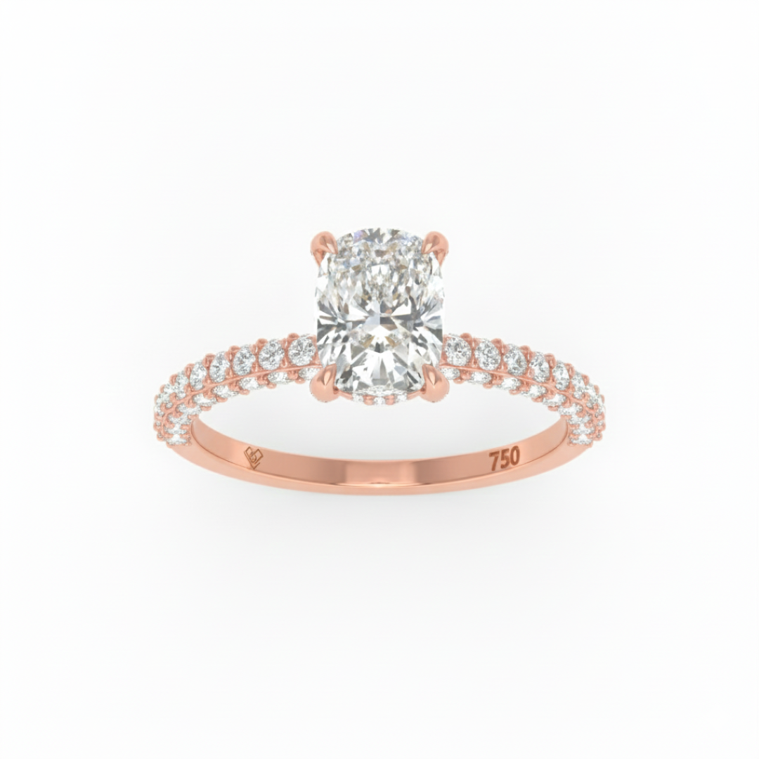 Mia Cushion Cut Diamond Engagement Ring with Diamond Hidden Halo and 3D Diamond Band