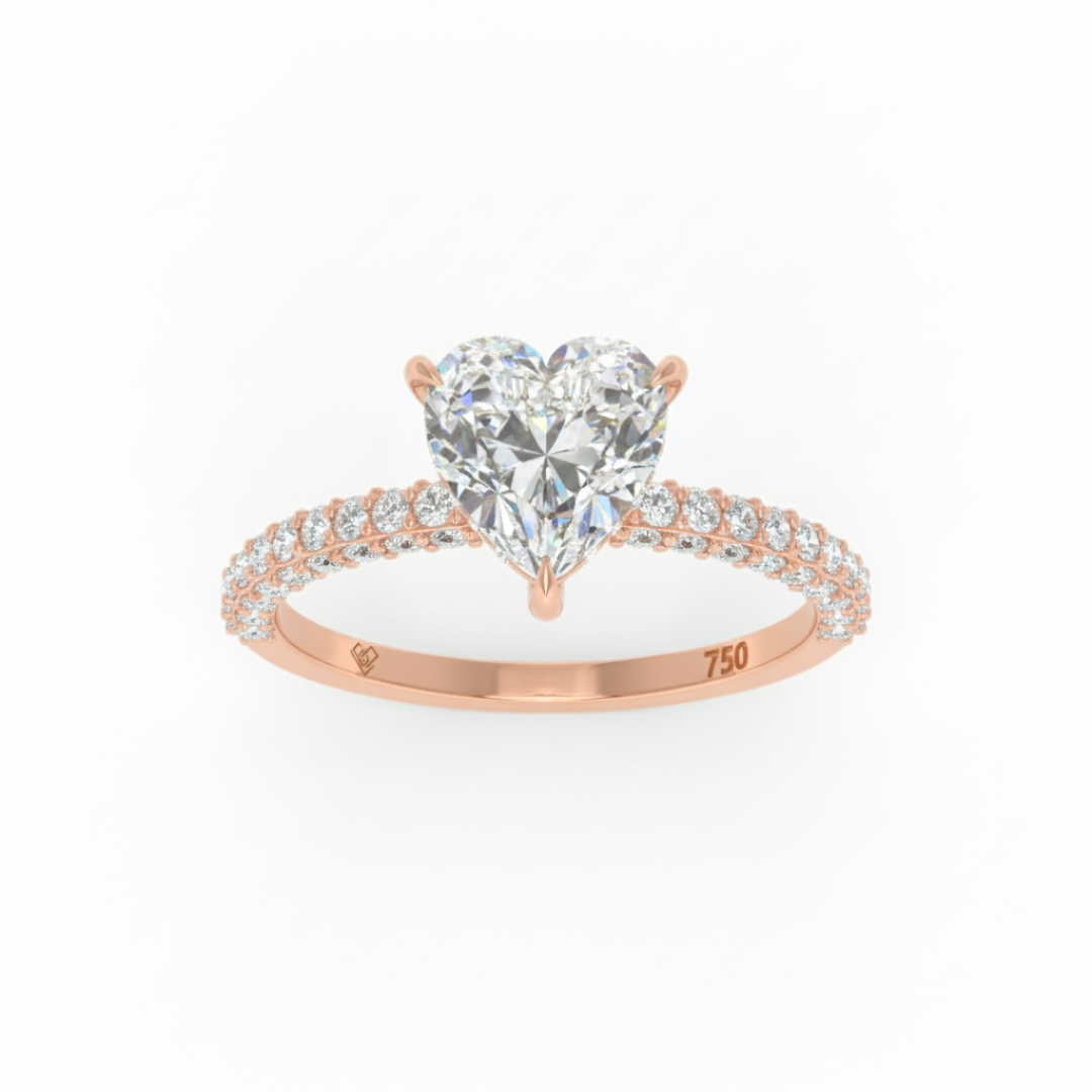 Bague de fiançailles Mia en diamant taille cœur avec halo de diamants cachés et anneau en diamant 3D