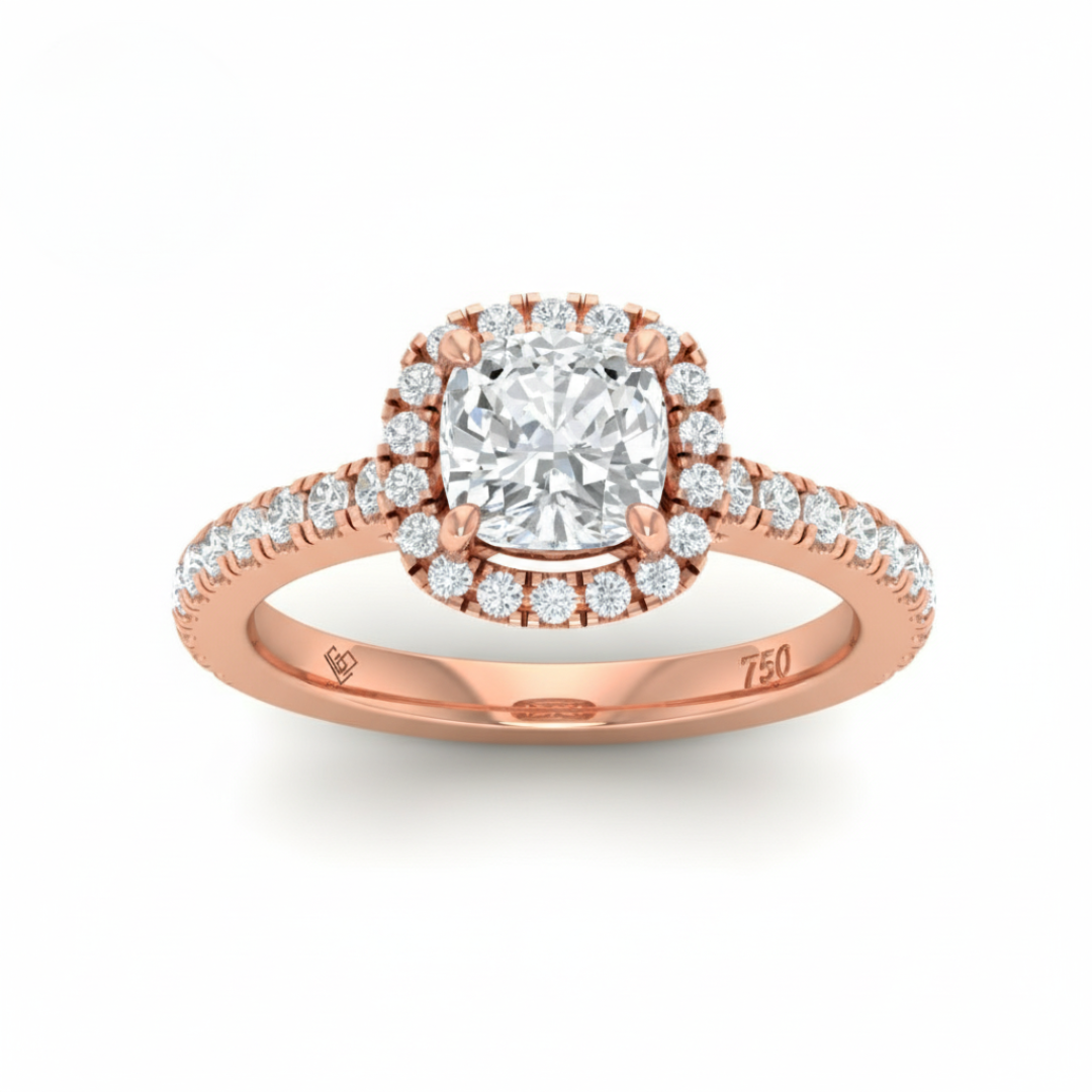 Bella Cushion Cut Diamond Engagement Ring with Diamond Halo & Diamond Band