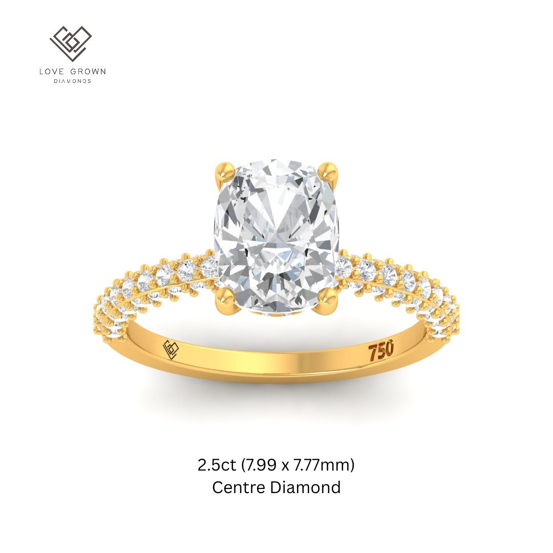 Mia Cushion Cut Diamond Engagement Ring with Diamond Hidden Halo and 3D Diamond Band