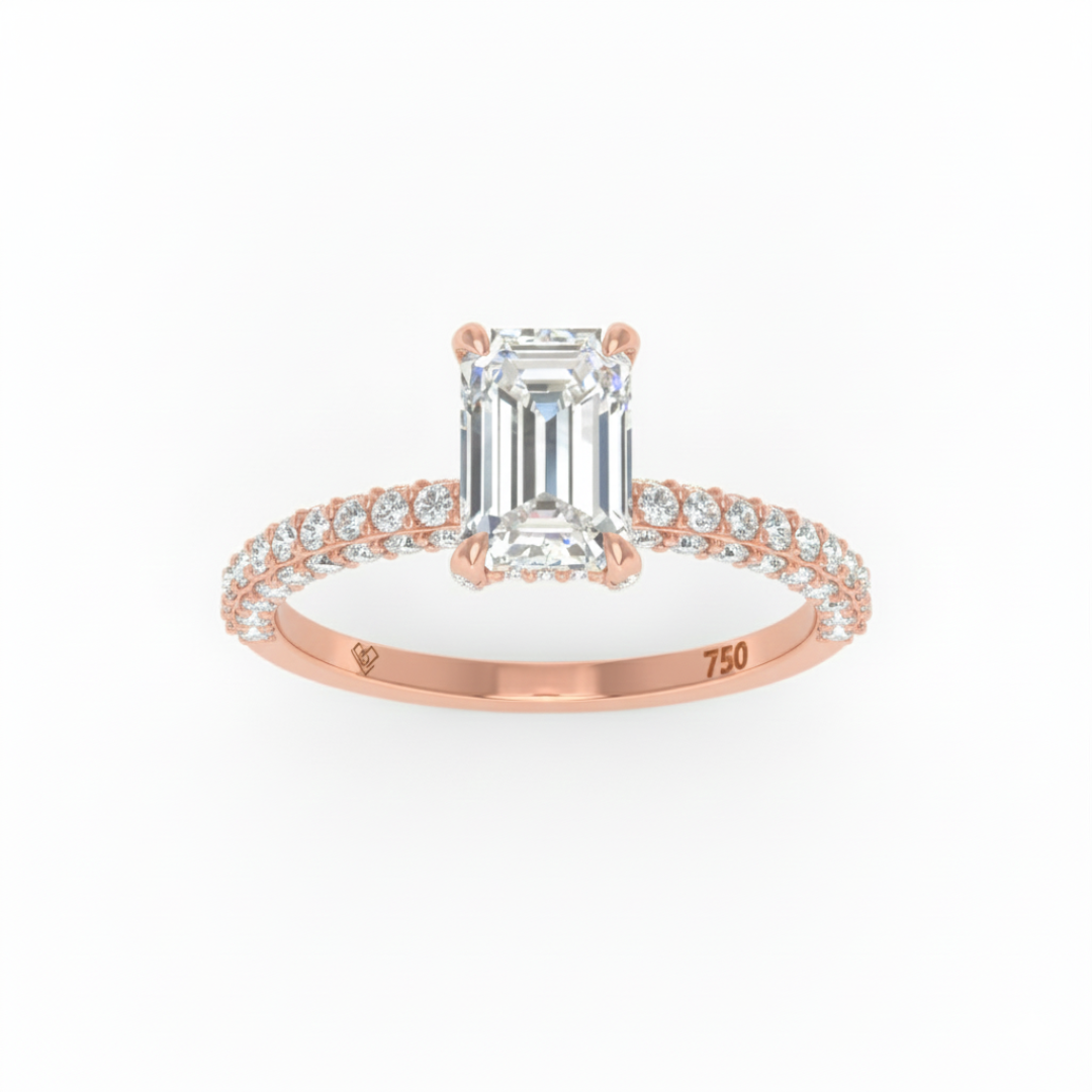 Mia Emerald Cut Diamond Engagement Ring with Diamond Hidden Halo and 3D Diamond Band