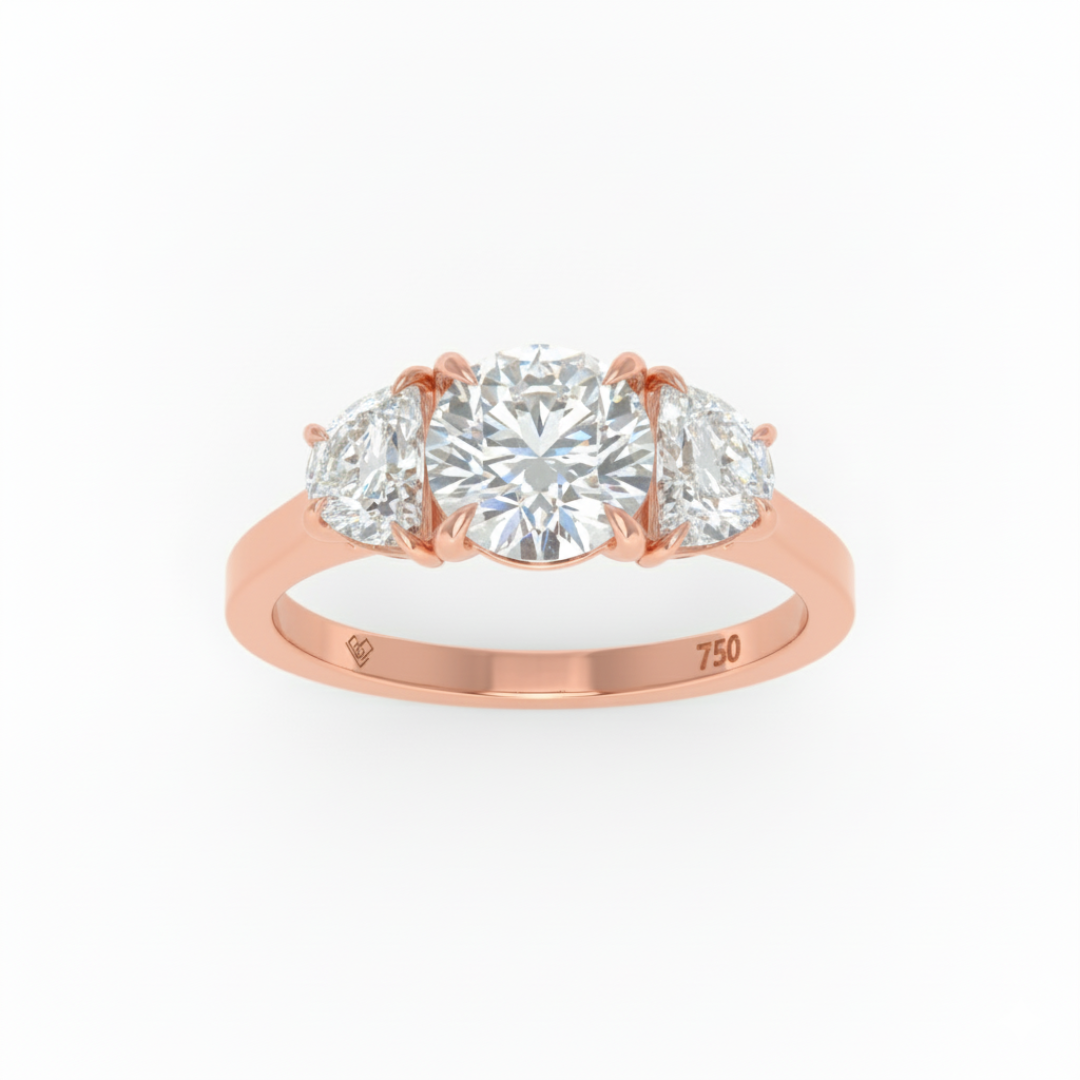 Kamala Round Brilliant Cut Diamond Engagement Ring With Half Moon Cut Side Diamond