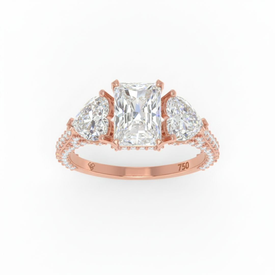Victoria Radiant Cut Diamond Engagement Ring with Heart Cut Side Diamonds and 3D Diamond Band