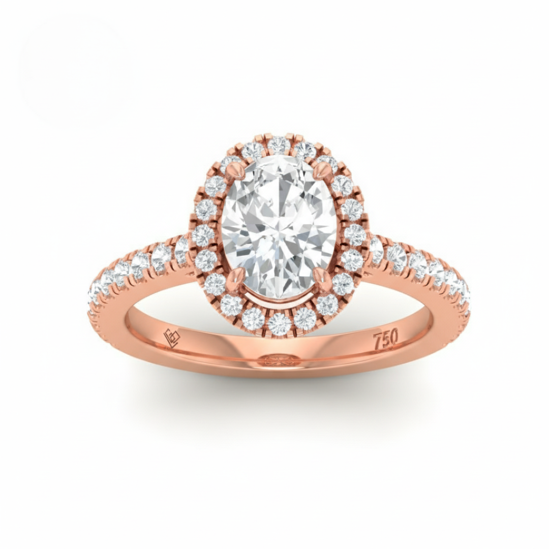 Bella Oval Cut Diamond Engagement Ring with Diamond Halo & Diamond Band