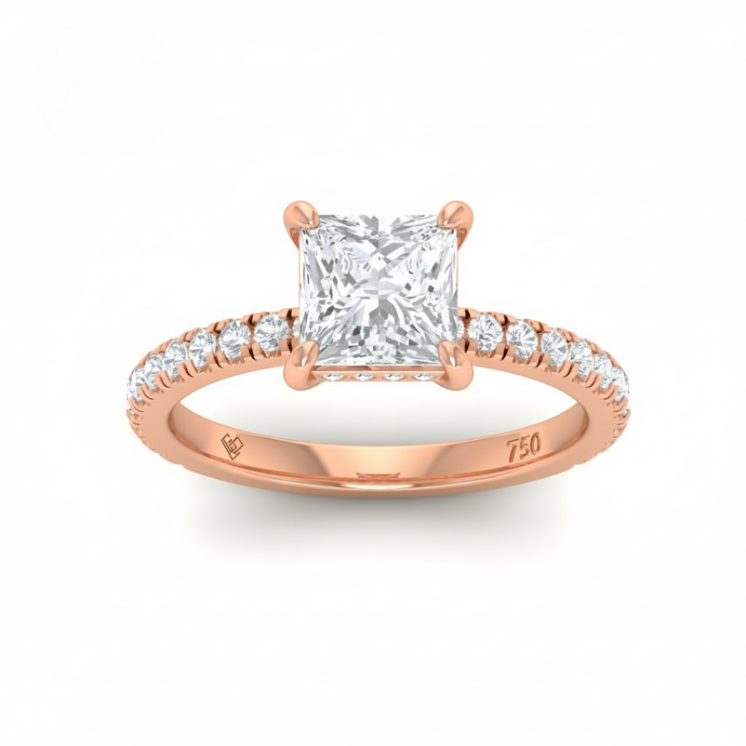 Chloé Princess Cut Diamond Engagement Ring with Diamond Hidden Halo and Diamond Band