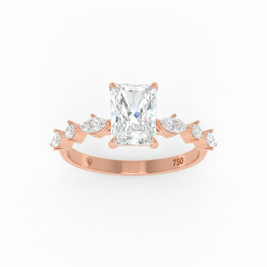 Elizabeth Radiant Cut Diamond Engagement Ring With A Marquise And Round Cut Diamond Band