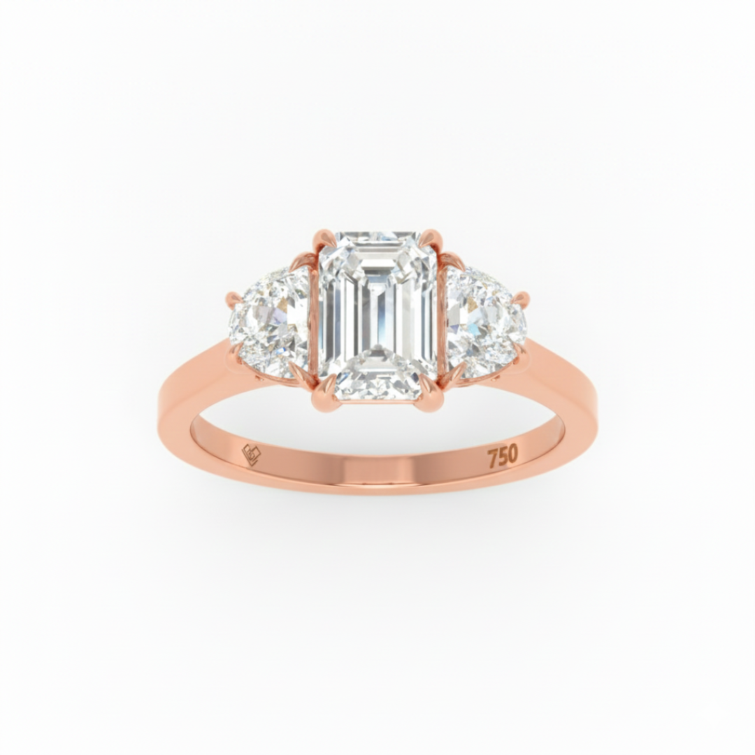Kamala Emerald Cut Diamond Engagement Ring with Half Moon Cut Sides Diamonds