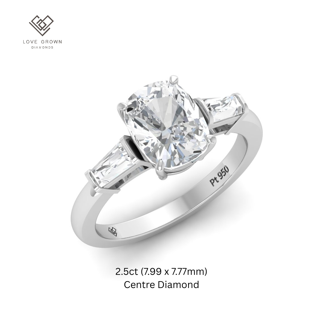 Mary Cushion Cut Diamond Engagement Ring with Tapering Baguette Cut Side Diamonds