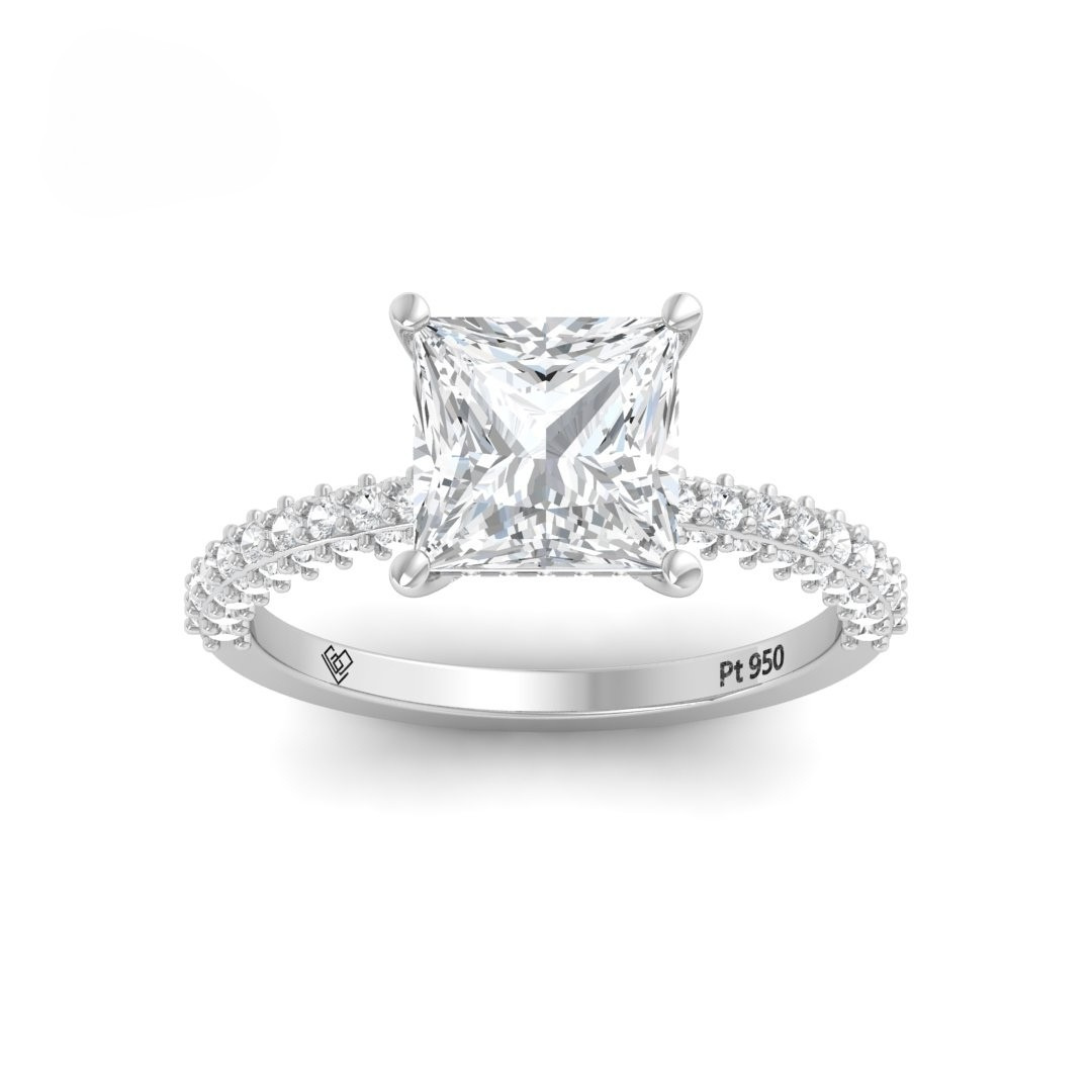 Mia Princess Cut Diamond Engagement Ring with Diamond Hidden Halo and 3D Diamond Band