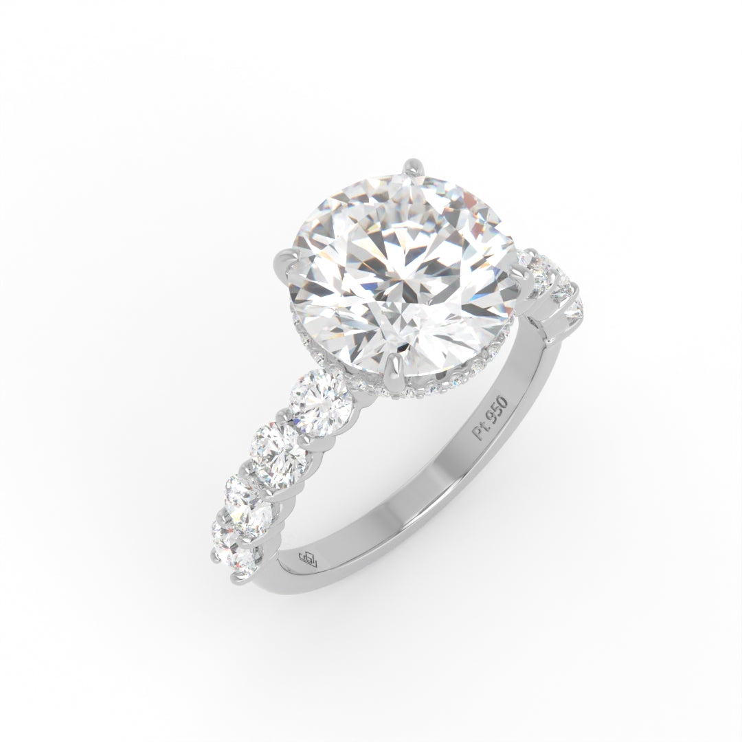 Vivien Round Brilliant Cut Engagement Ring with Round Brilliant Diamond Band and Wrap Around Hidden Halo