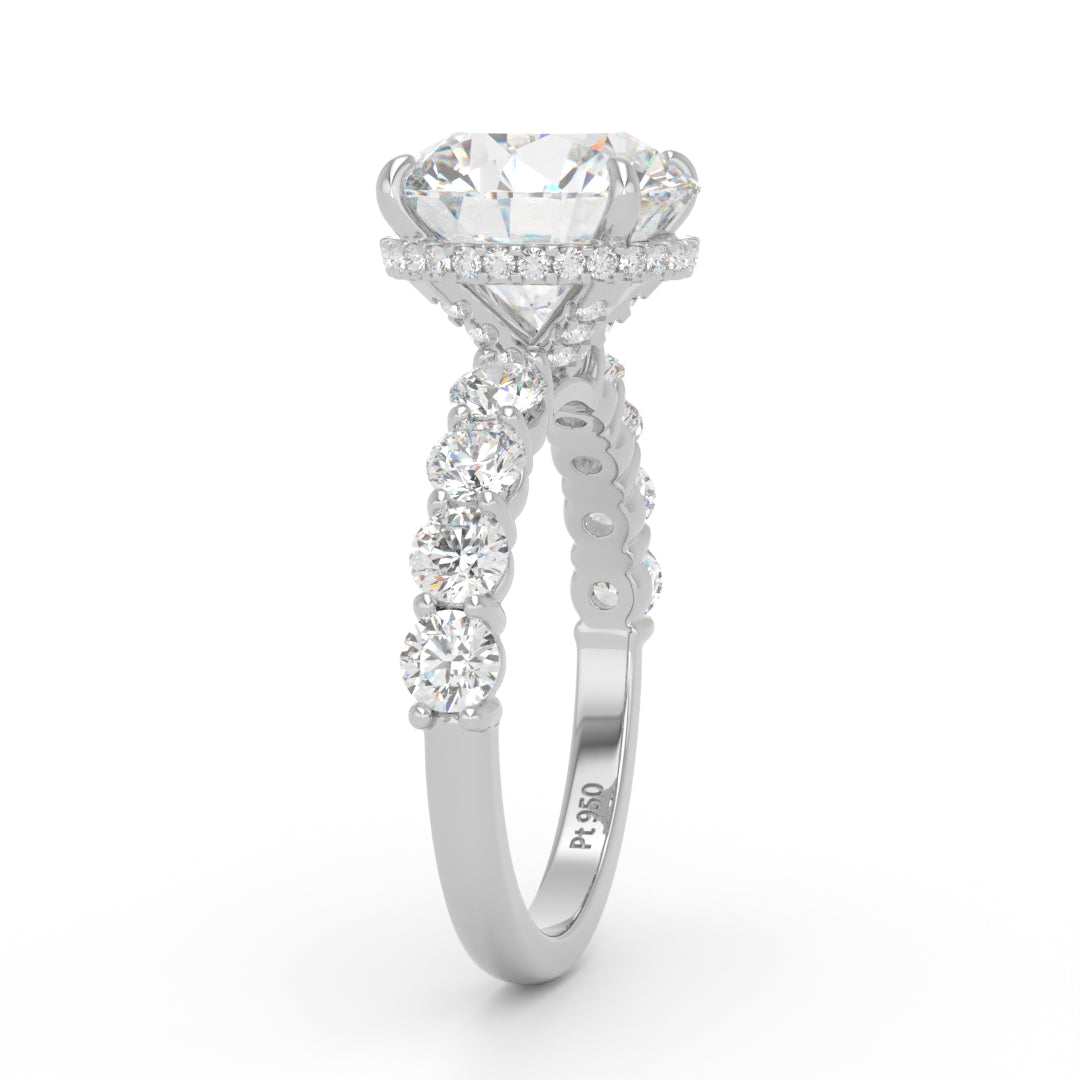 Vivien Round Brilliant Cut Engagement Ring with Round Brilliant Diamond Band and Wrap Around Hidden Halo