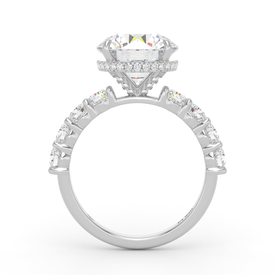 Vivien Round Brilliant Cut Engagement Ring with Round Brilliant Diamond Band and Wrap Around Hidden Halo