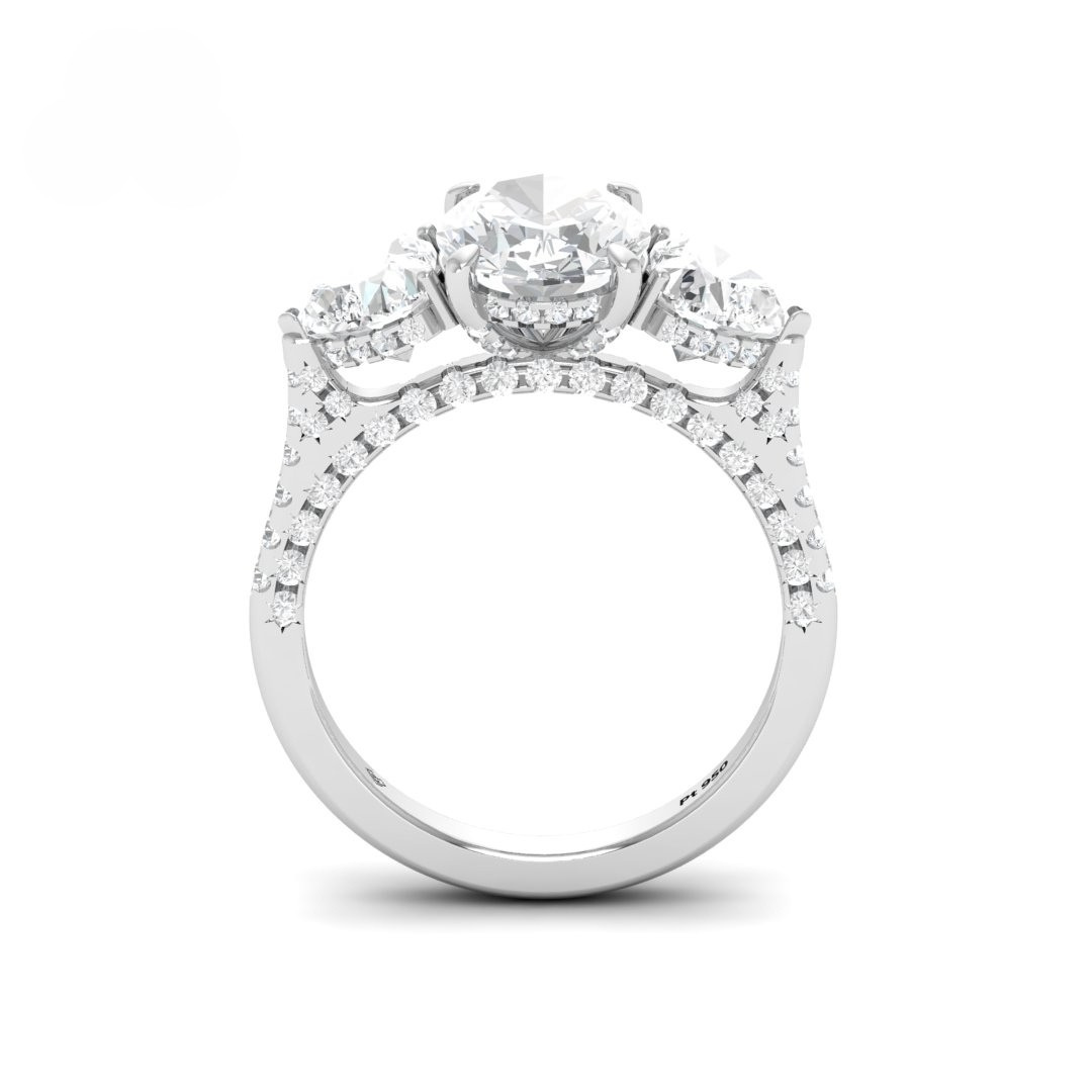Victoria Oval Cut Diamond Engagement Ring with Heart Cut Side Diamonds and 3D Diamond Band
