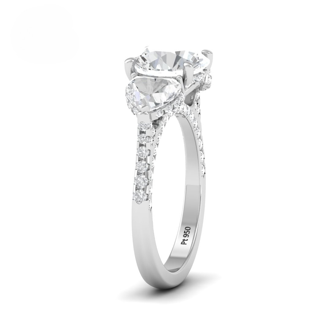 Victoria Round Brilliant Cut Diamond Engagement Ring with Heart Cut Side Diamonds and 3D Diamond Band