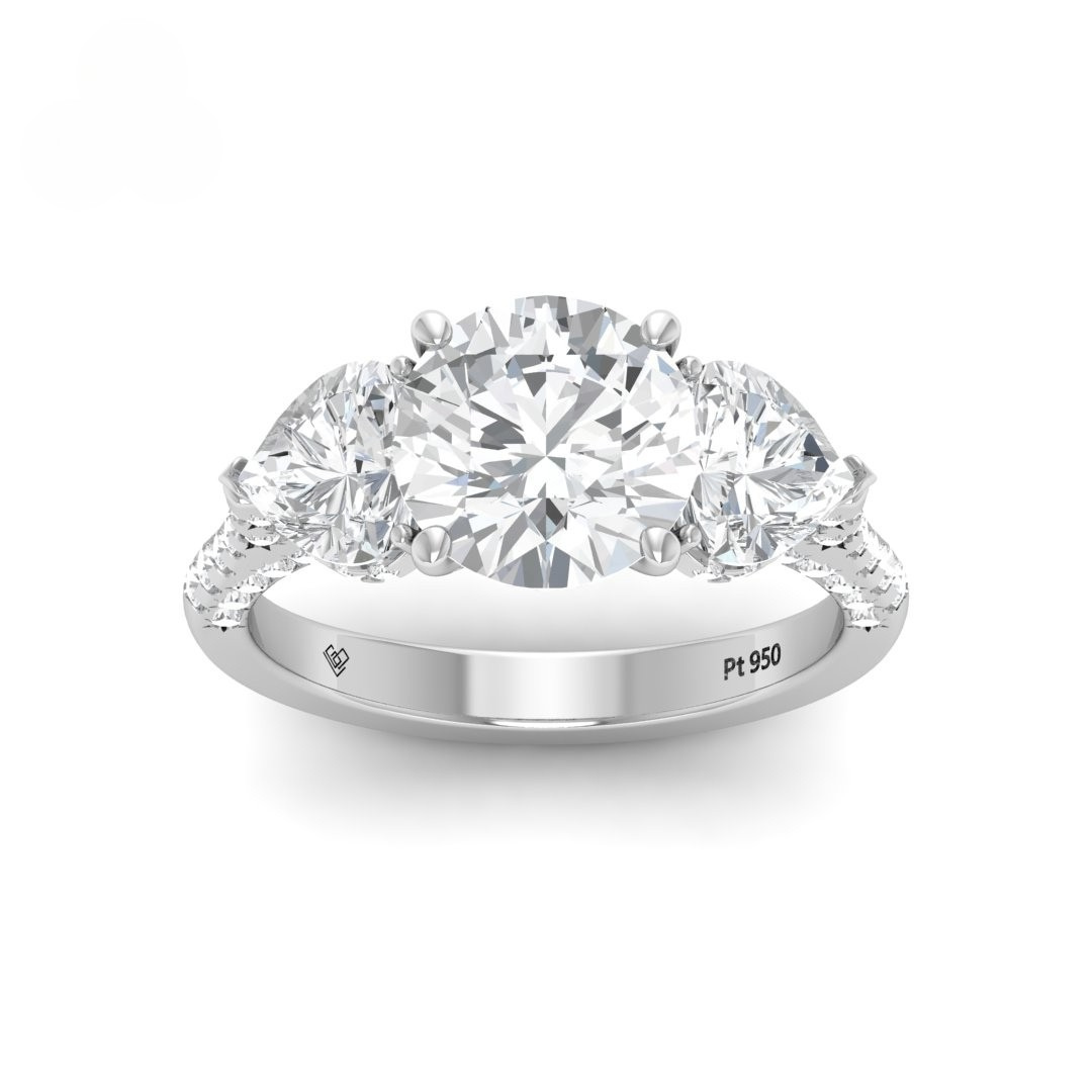 Victoria Round Brilliant Cut Diamond Engagement Ring with Heart Cut Side Diamonds and 3D Diamond Band