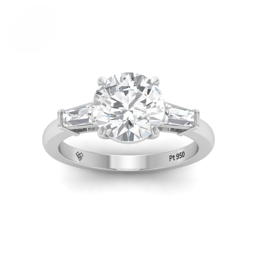 Mary Round Brilliant Cut Diamond Engagement Ring With Tapering Baguette Cut Side Diamond