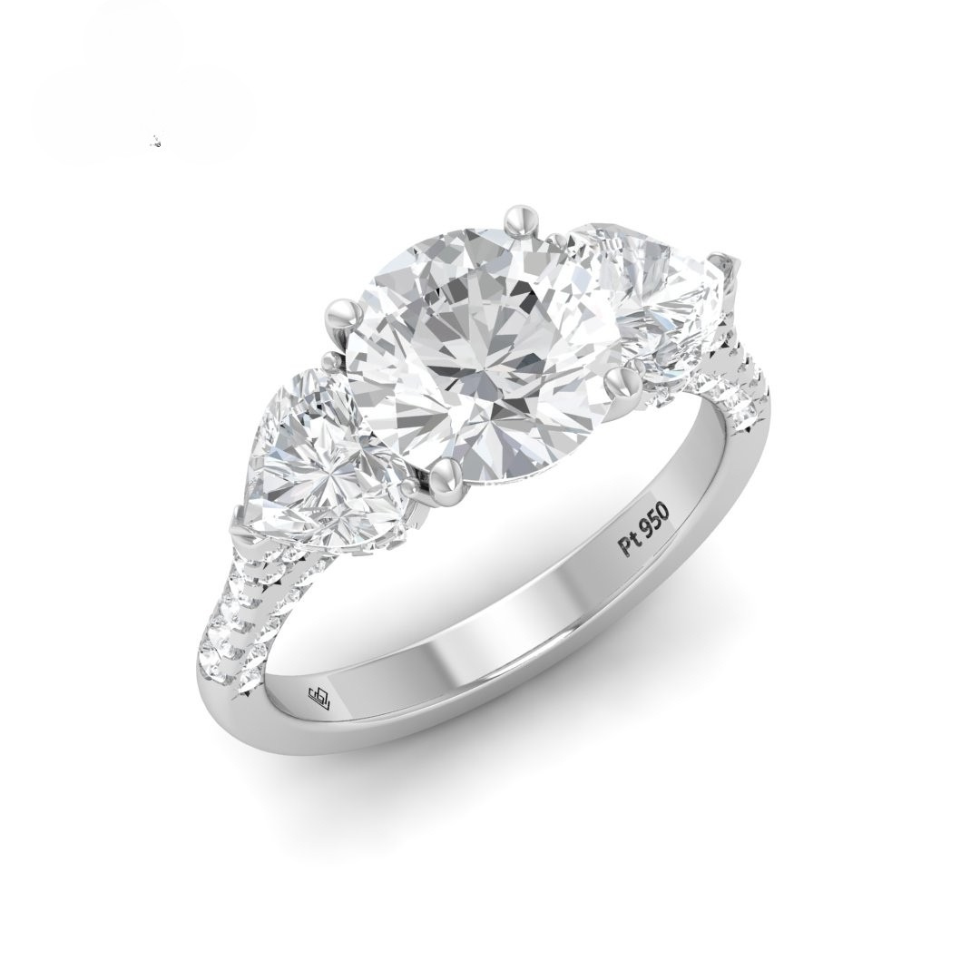 Victoria Round Brilliant Cut Diamond Engagement Ring with Heart Cut Side Diamonds and 3D Diamond Band