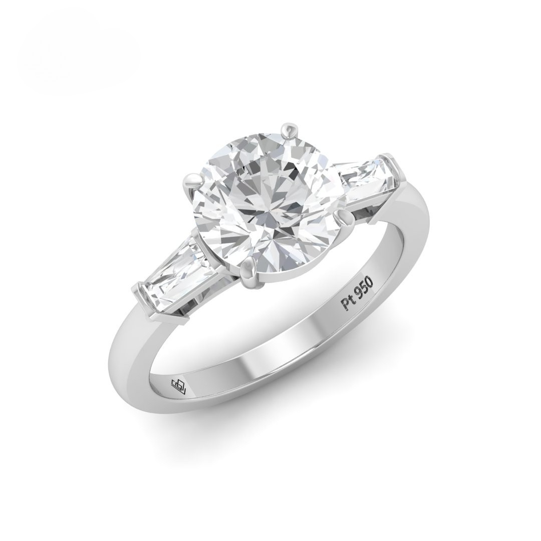 Mary Round Brilliant Cut Diamond Engagement Ring With Tapering Baguette Cut Side Diamond
