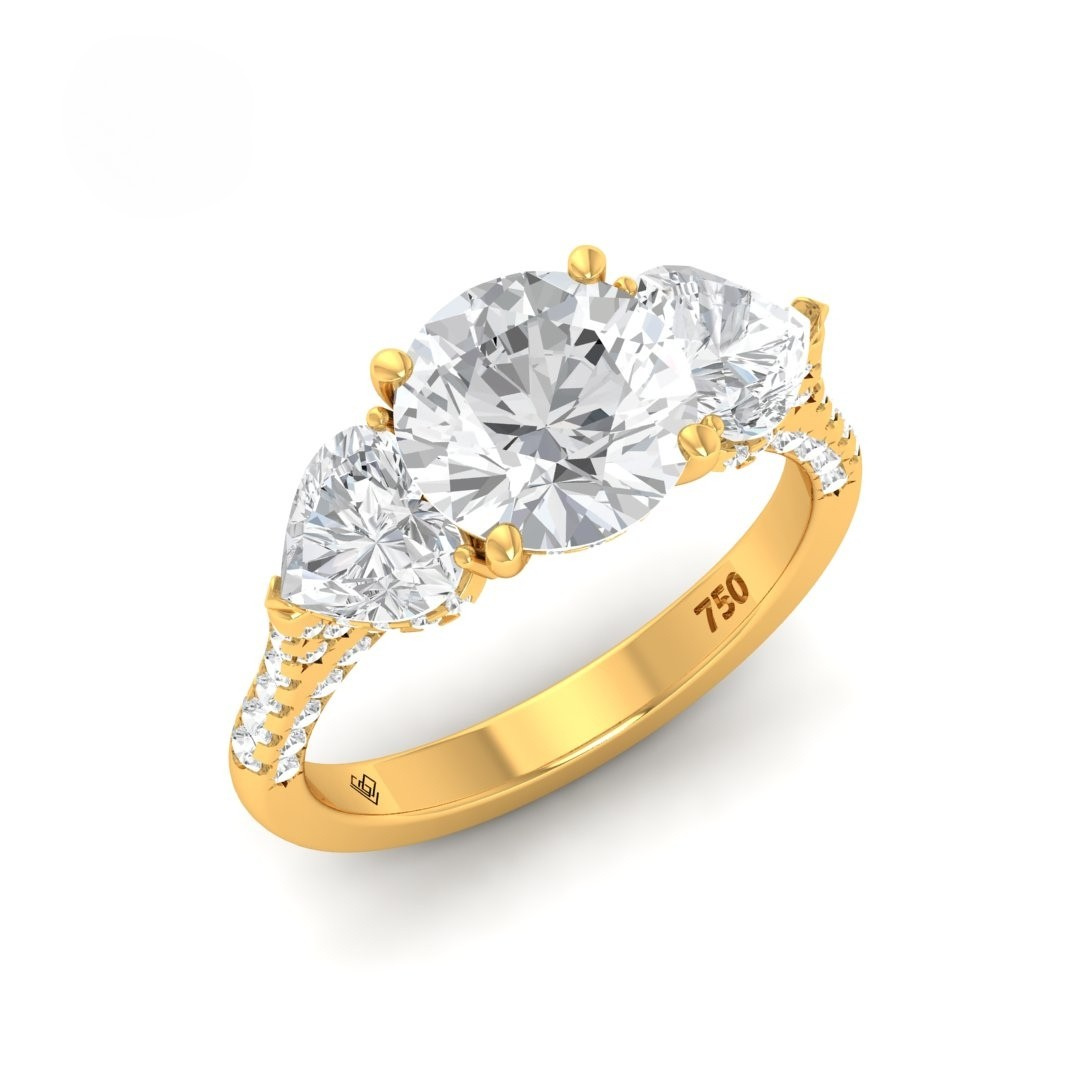 Victoria Round Brilliant Cut Diamond Engagement Ring with Heart Cut Side Diamonds and 3D Diamond Band