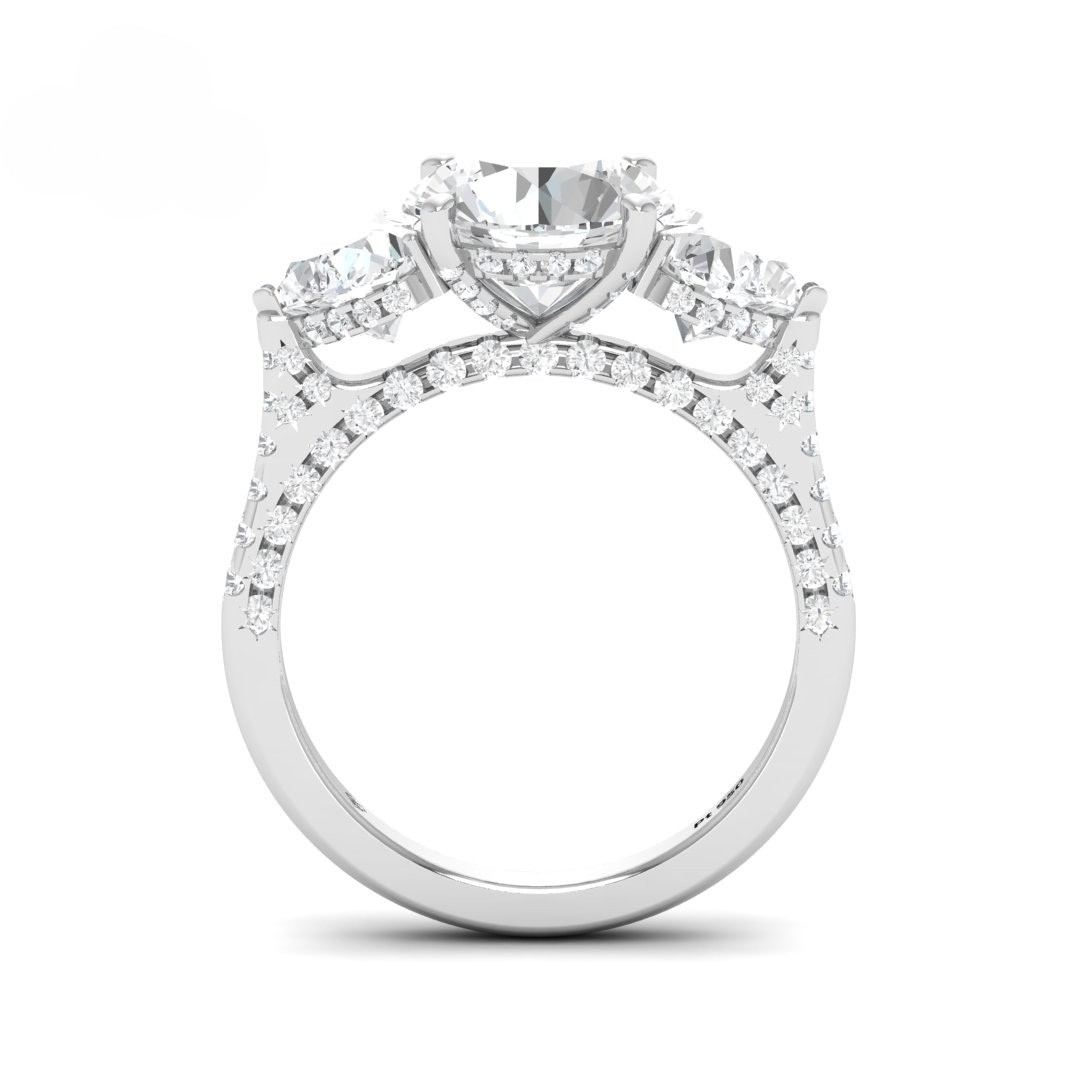 Victoria Round Brilliant Cut Diamond Engagement Ring with Heart Cut Side Diamonds and 3D Diamond Band