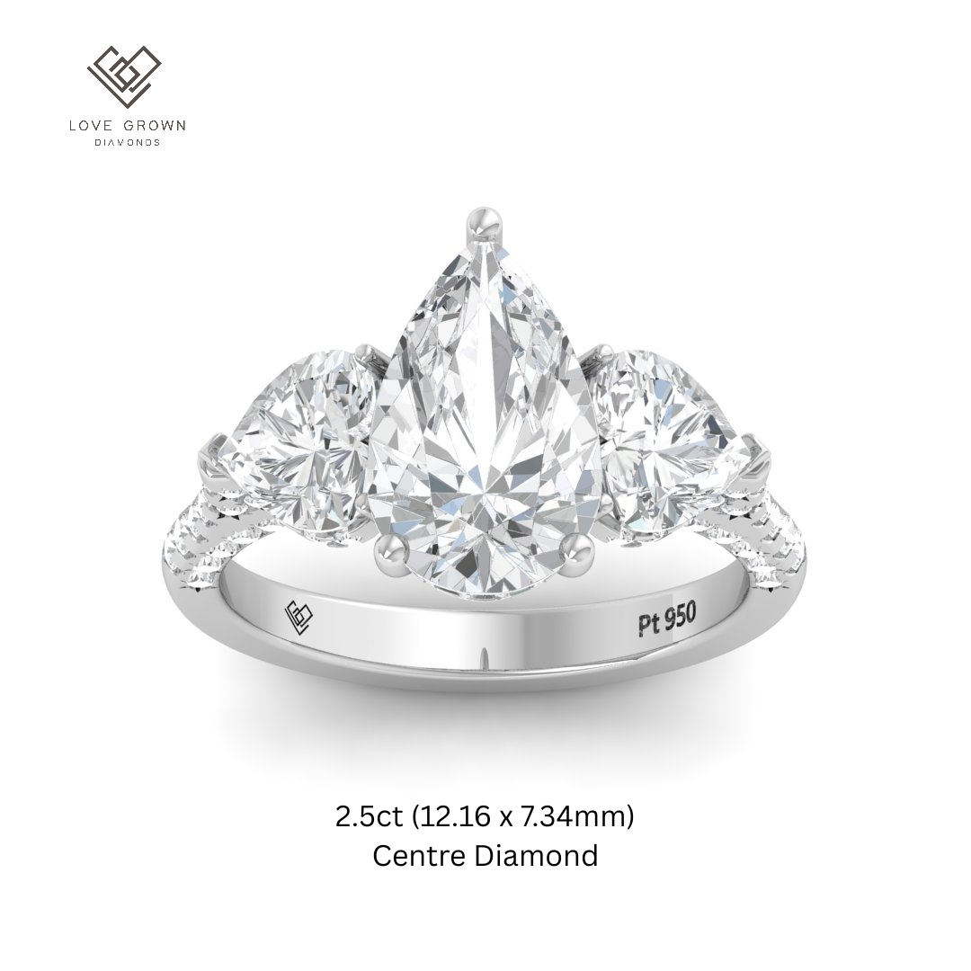 Victoria Pear Cut Diamond Engagement Ring with Heart Cut Side Diamonds and 3D Diamond Band
