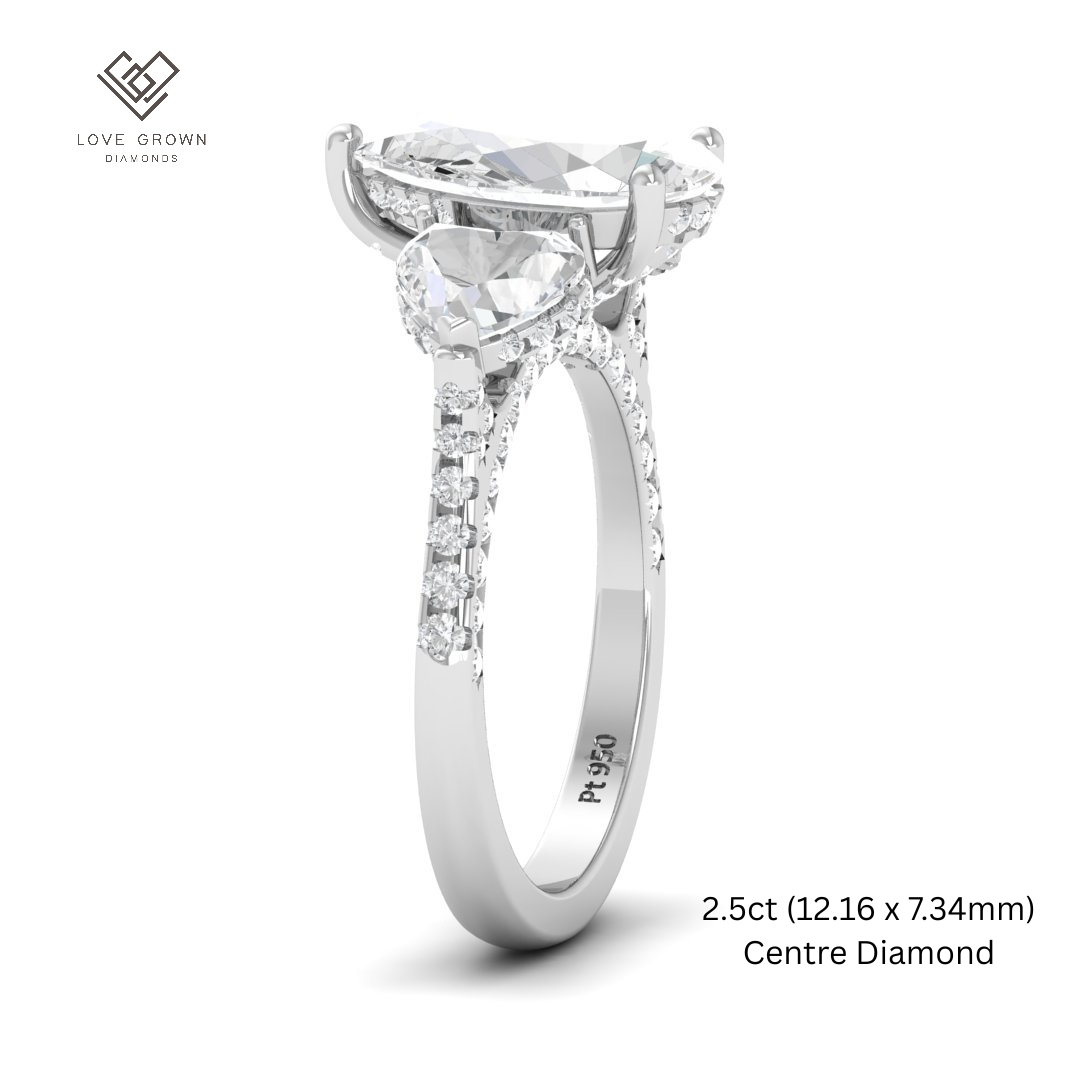 Victoria Pear Cut Diamond Engagement Ring with Heart Cut Side Diamonds and 3D Diamond Band