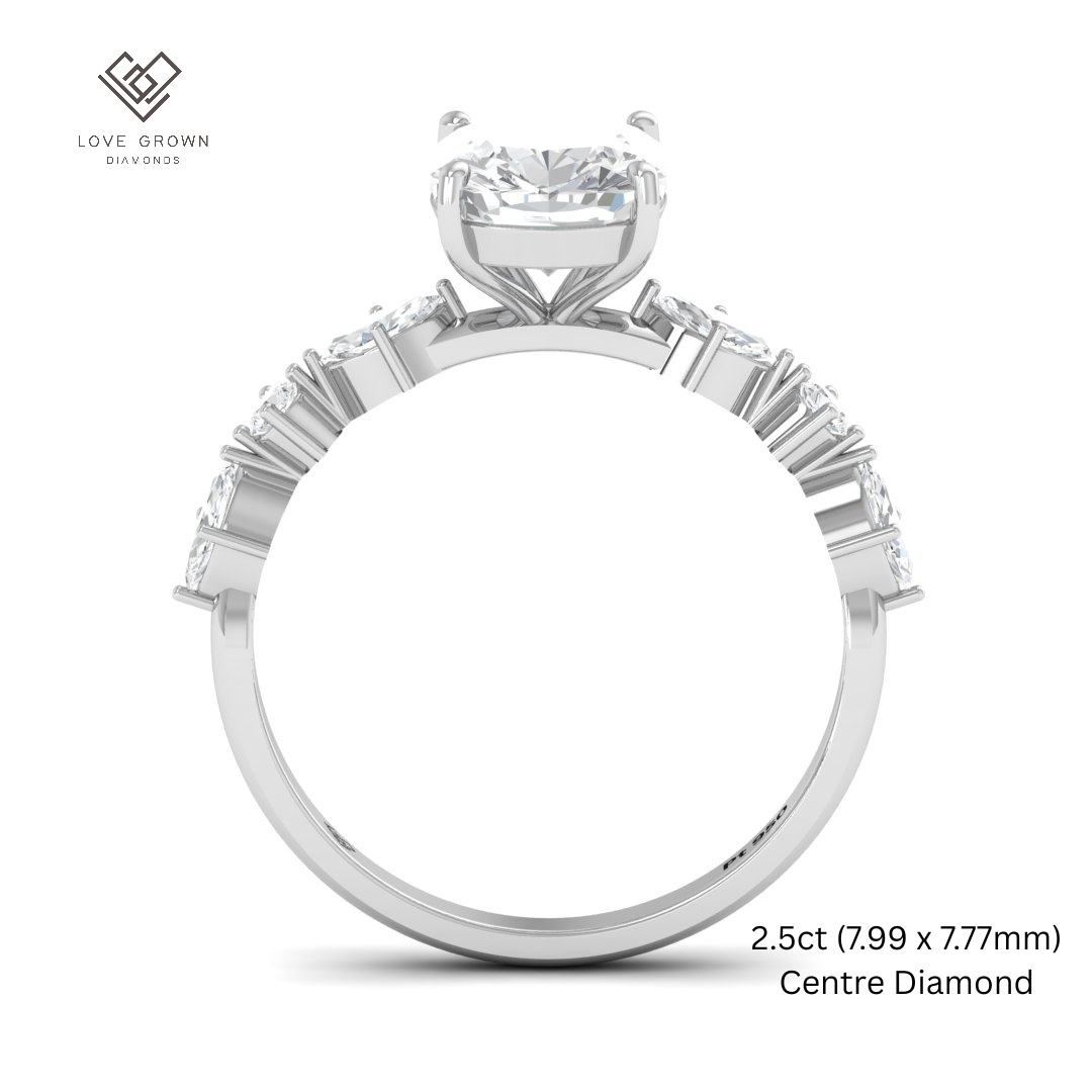 Elizabeth Cushion Diamond Engagement Ring With A Marquise and Round Cut Diamond Band