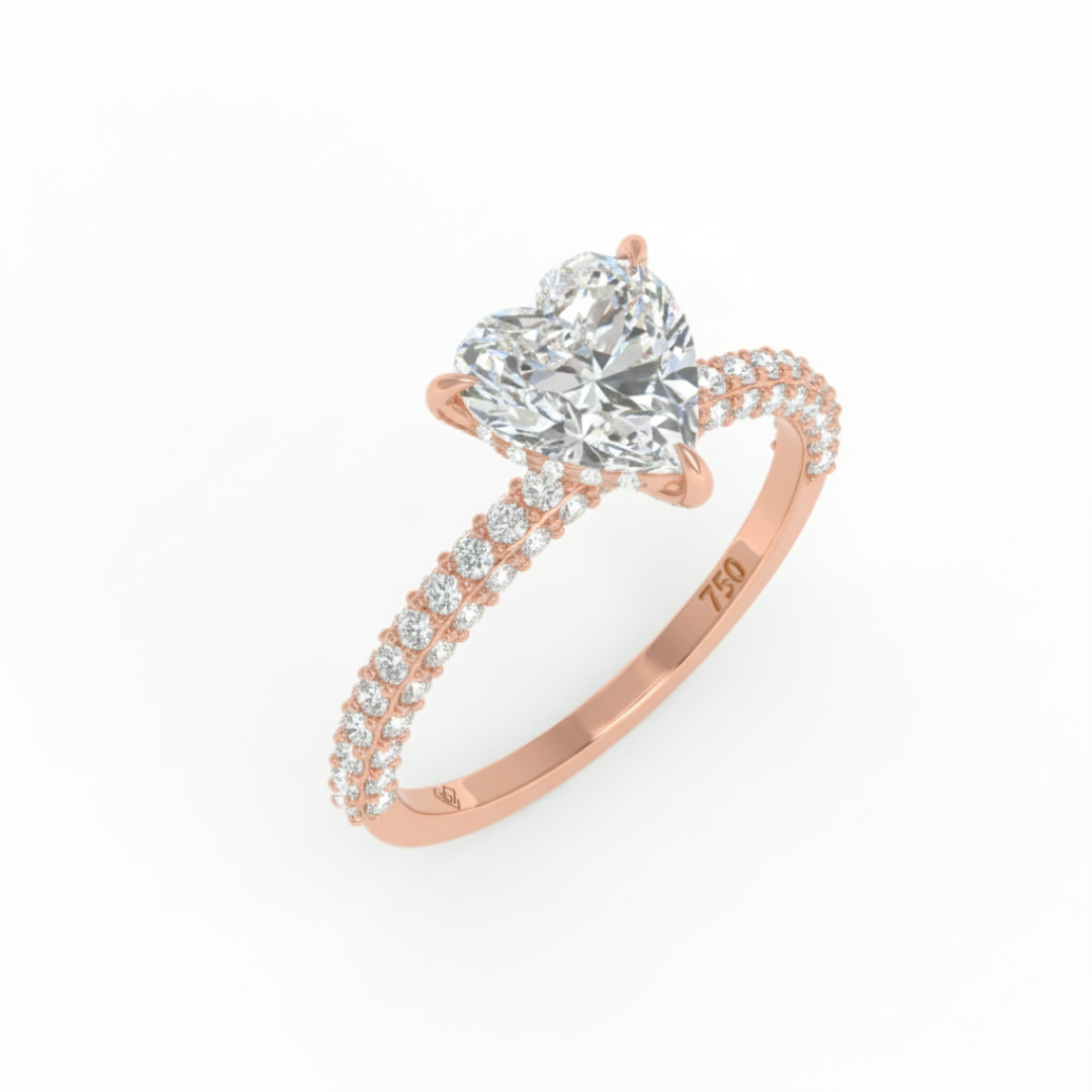 Bague de fiançailles Mia en diamant taille cœur avec halo de diamants cachés et anneau en diamant 3D