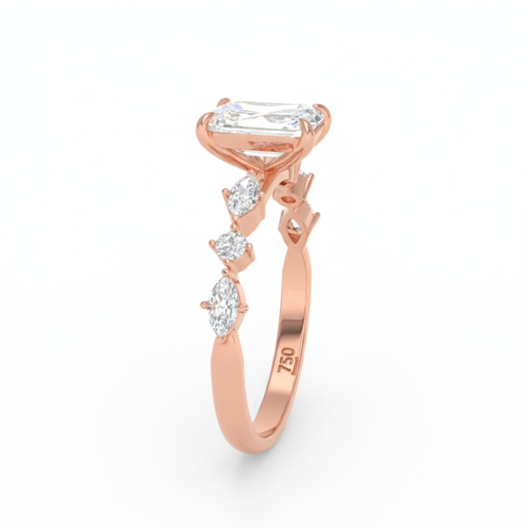 Elizabeth Emerald Cut Diamond Engagement Ring With A Marquise and Round Cut Diamond Band