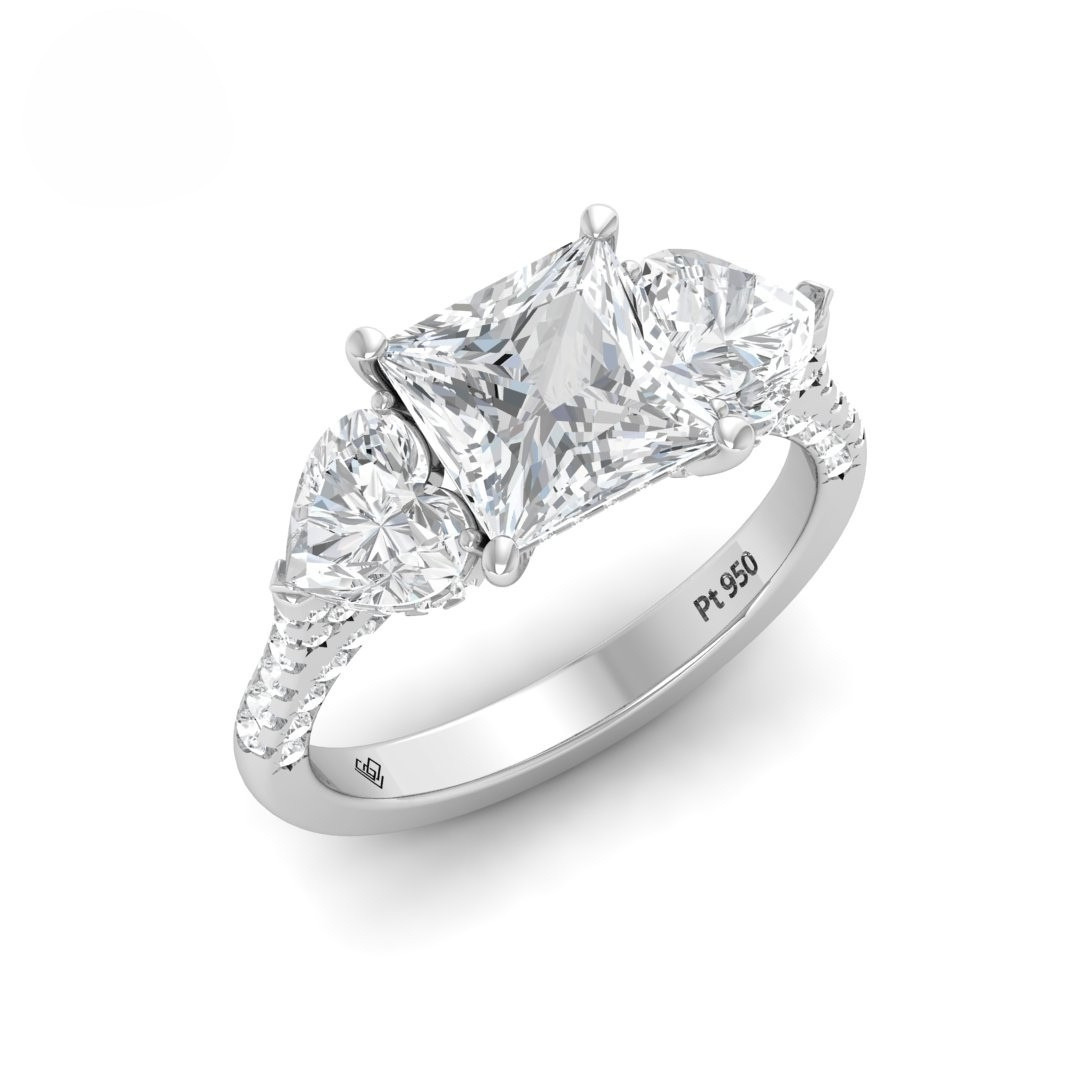 Victoria Princess Cut Diamond Engagement Ring with Heart Cut Side Diamonds and 3D Diamond Band