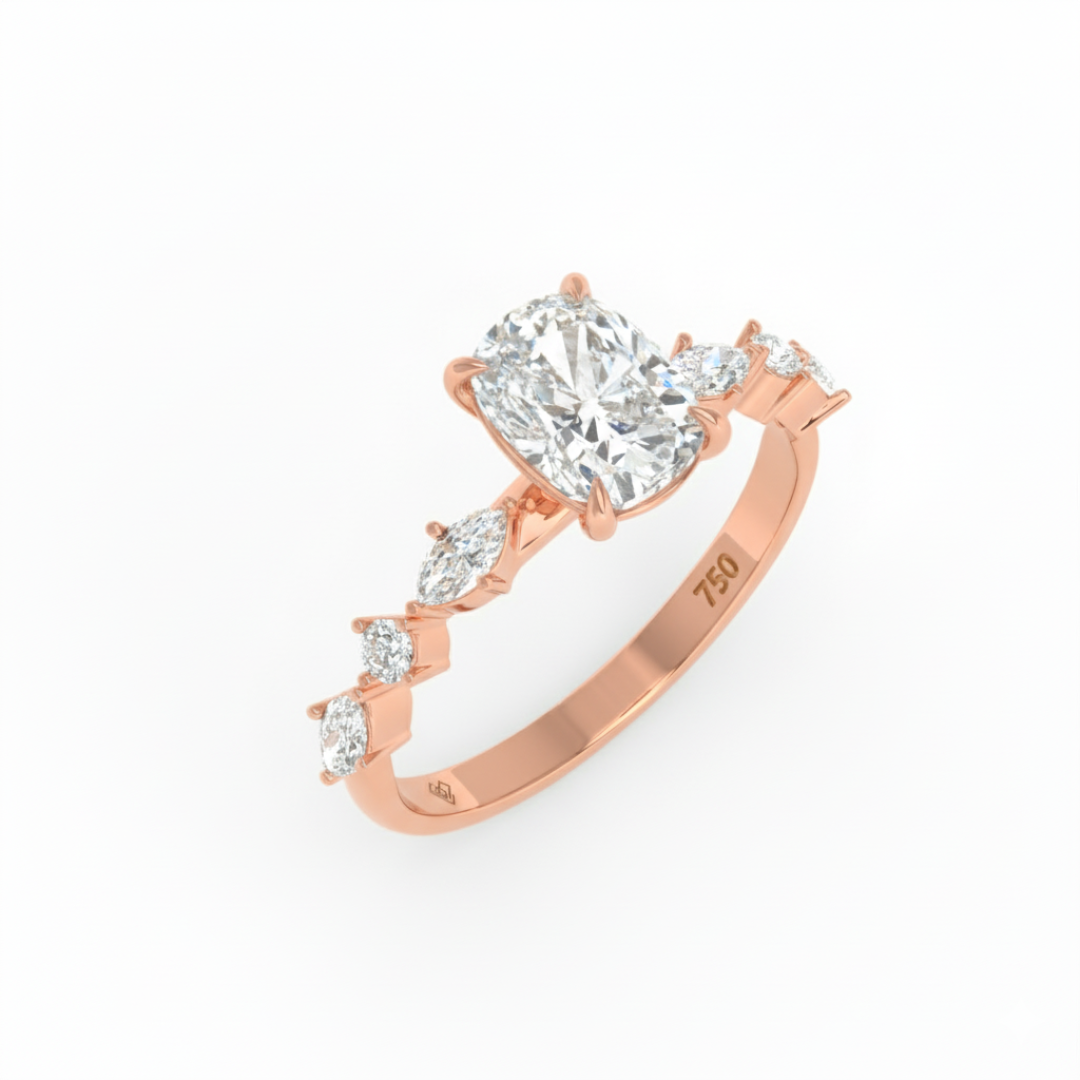 Elizabeth Cushion Diamond Engagement Ring With A Marquise and Round Cut Diamond Band