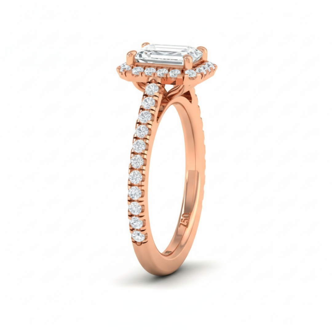 Bella Emerald Cut Diamond Engagement Ring with Diamond Halo & Diamond Band