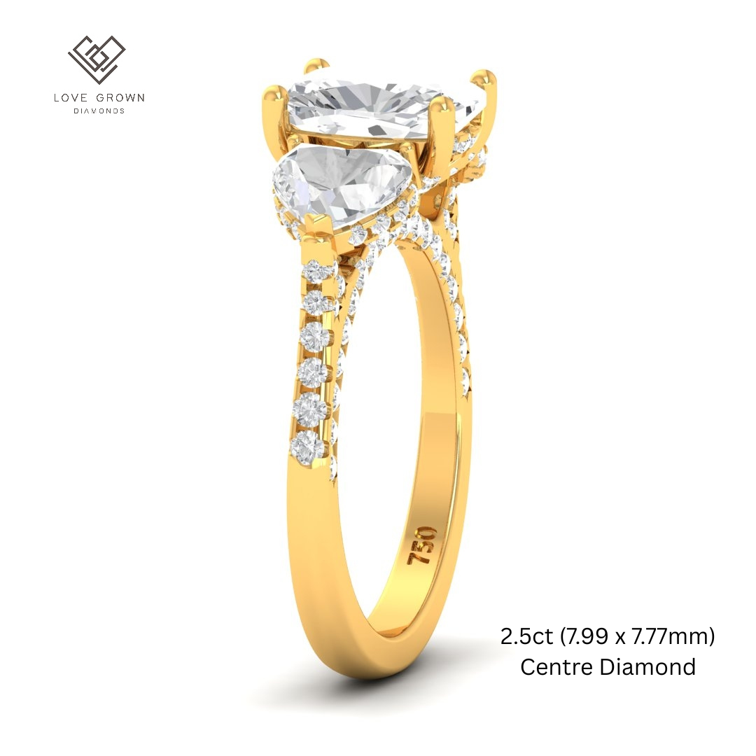 Victoria Cushion Cut Diamond Engagement Ring with Heart Cut Side Diamonds and 3D Diamond Band