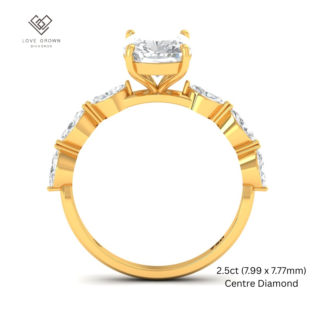 Kasandra Cushion Cut Diamond Engagement Ring With A Marquise Cut Diamond Band