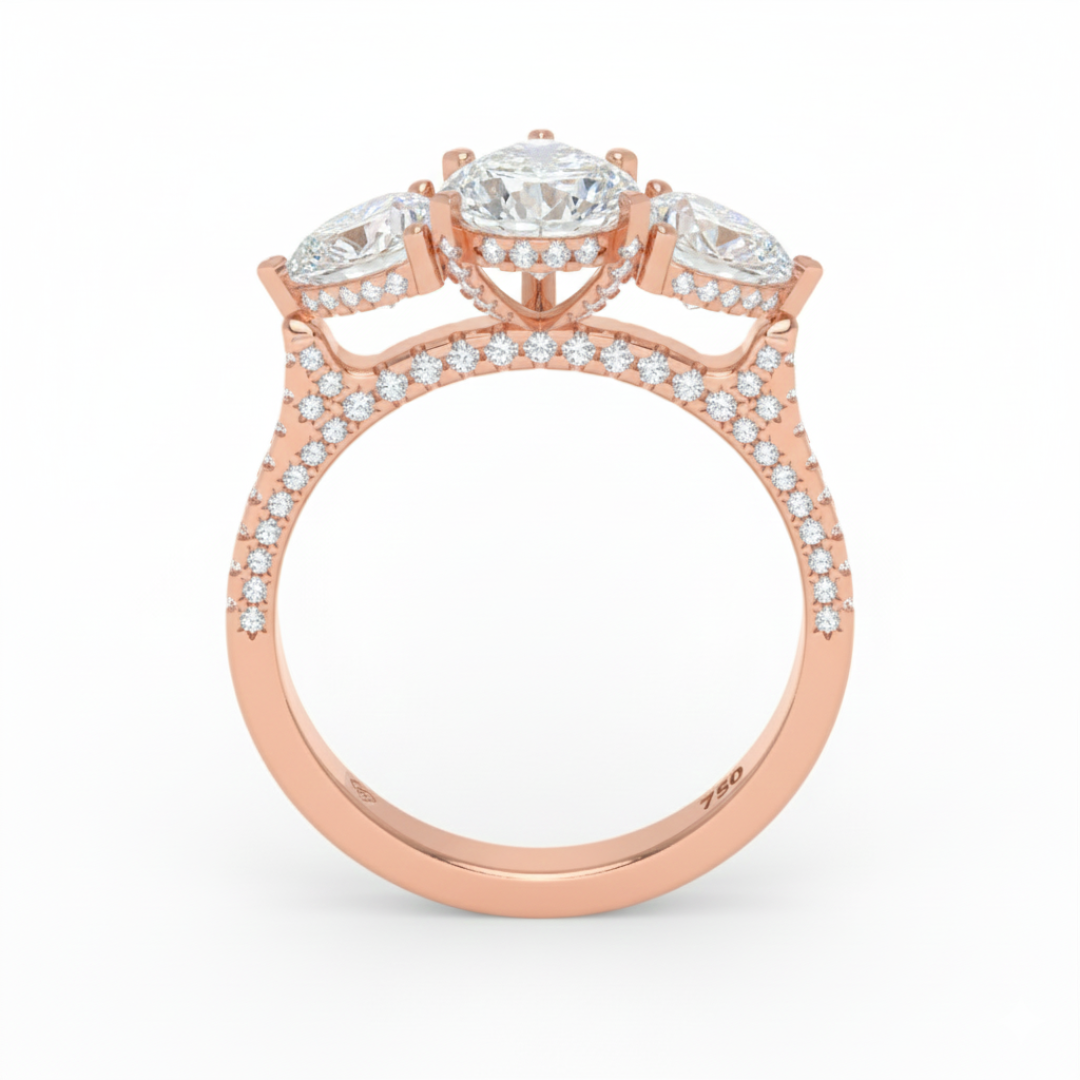 Victoria Pear Cut Diamond Engagement Ring with Heart Cut Side Diamonds and 3D Diamond Band