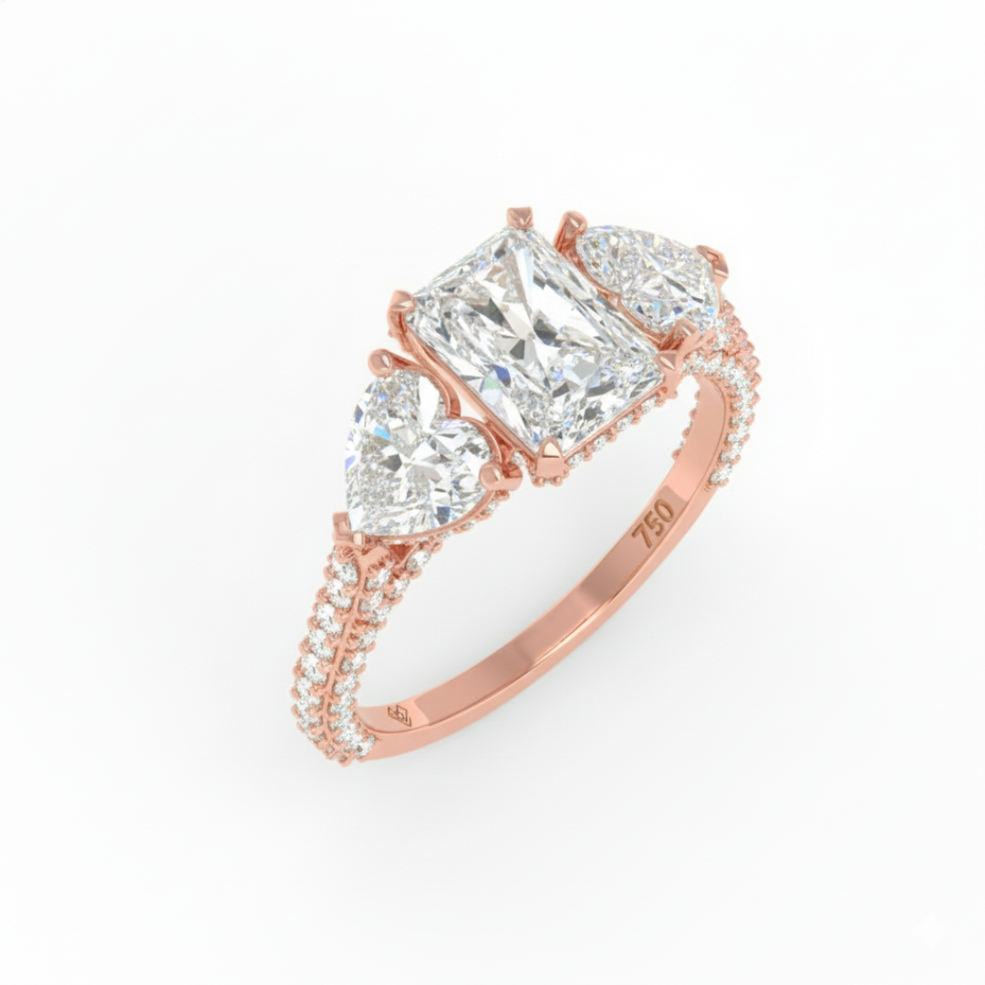 Victoria Radiant Cut Diamond Engagement Ring with Heart Cut Side Diamonds and 3D Diamond Band