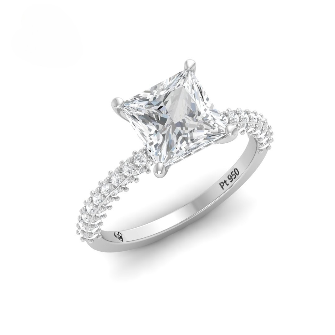 Bague de fiançailles Mia en diamant taille princesse avec halo de diamants cachés et anneau en diamant 3D