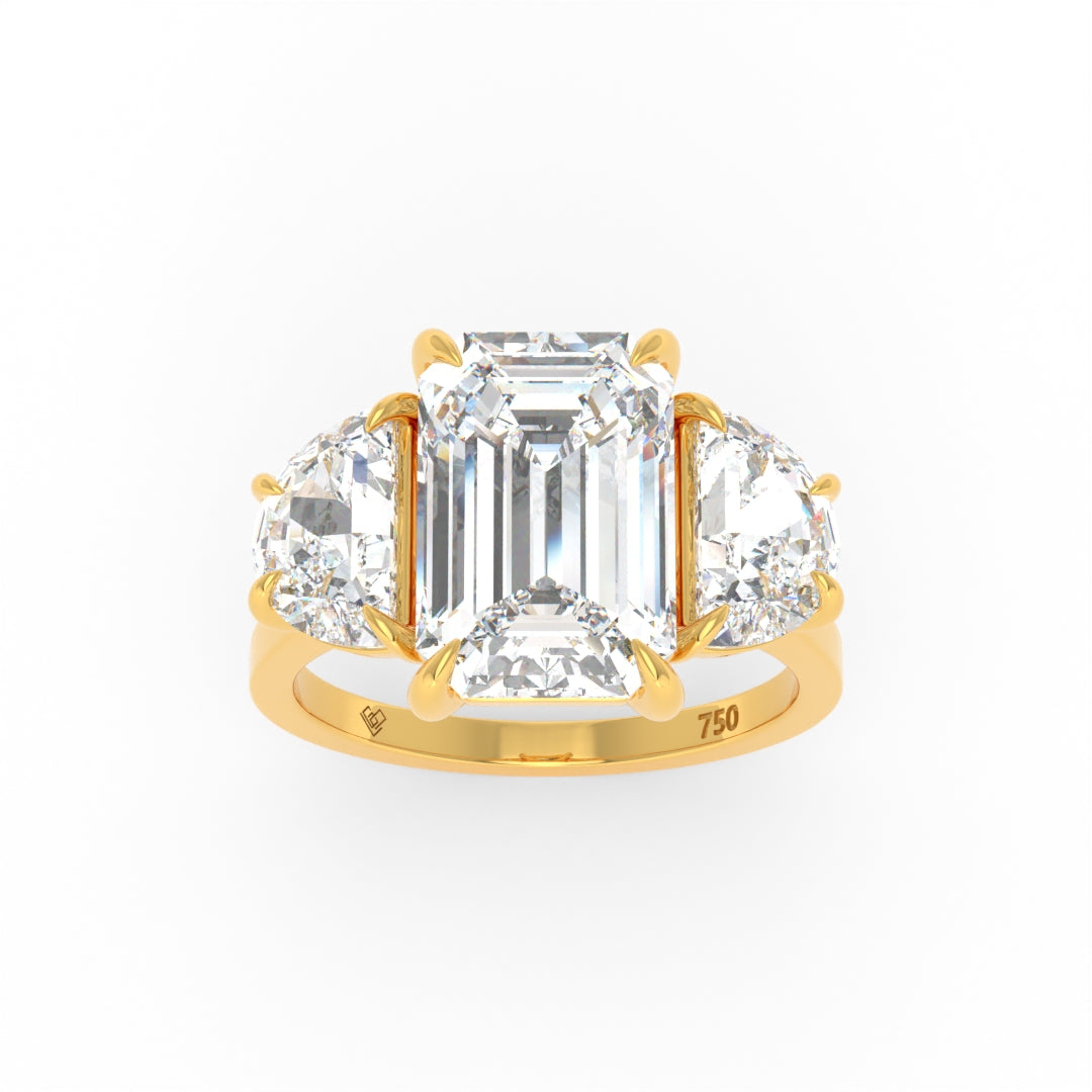 Kamala Emerald Cut Diamond Engagement Ring with Half Moon Cut Sides Diamonds